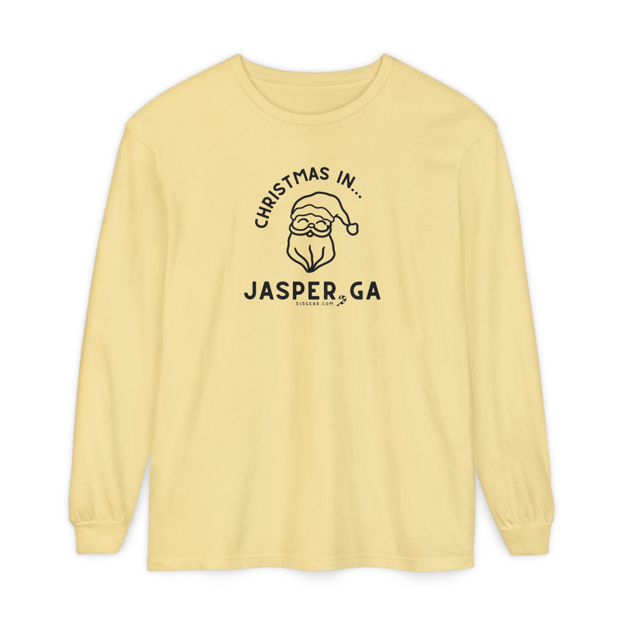 Yellow Comfort Colors Long Sleeve Tee with red Santa Claus graphic and "Jasper, GA" text by 515Gear.com