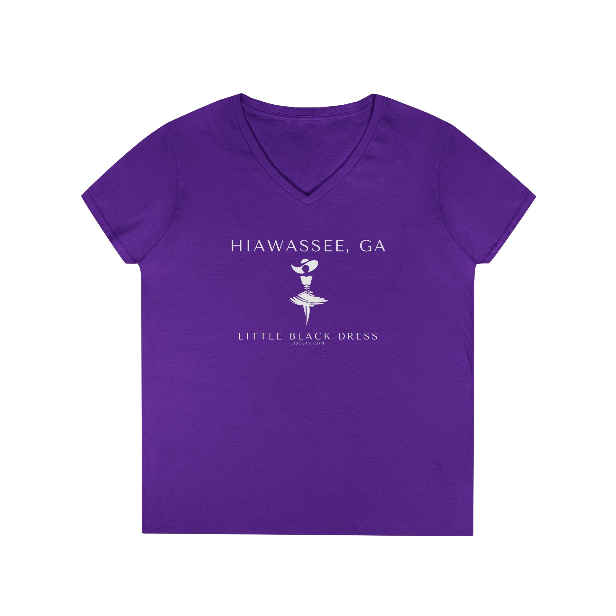 Purple v-neck t-shirt with stylish woman in a dress and fancy southern hat and text "Hiawassee, GA. - Little Black Dress"