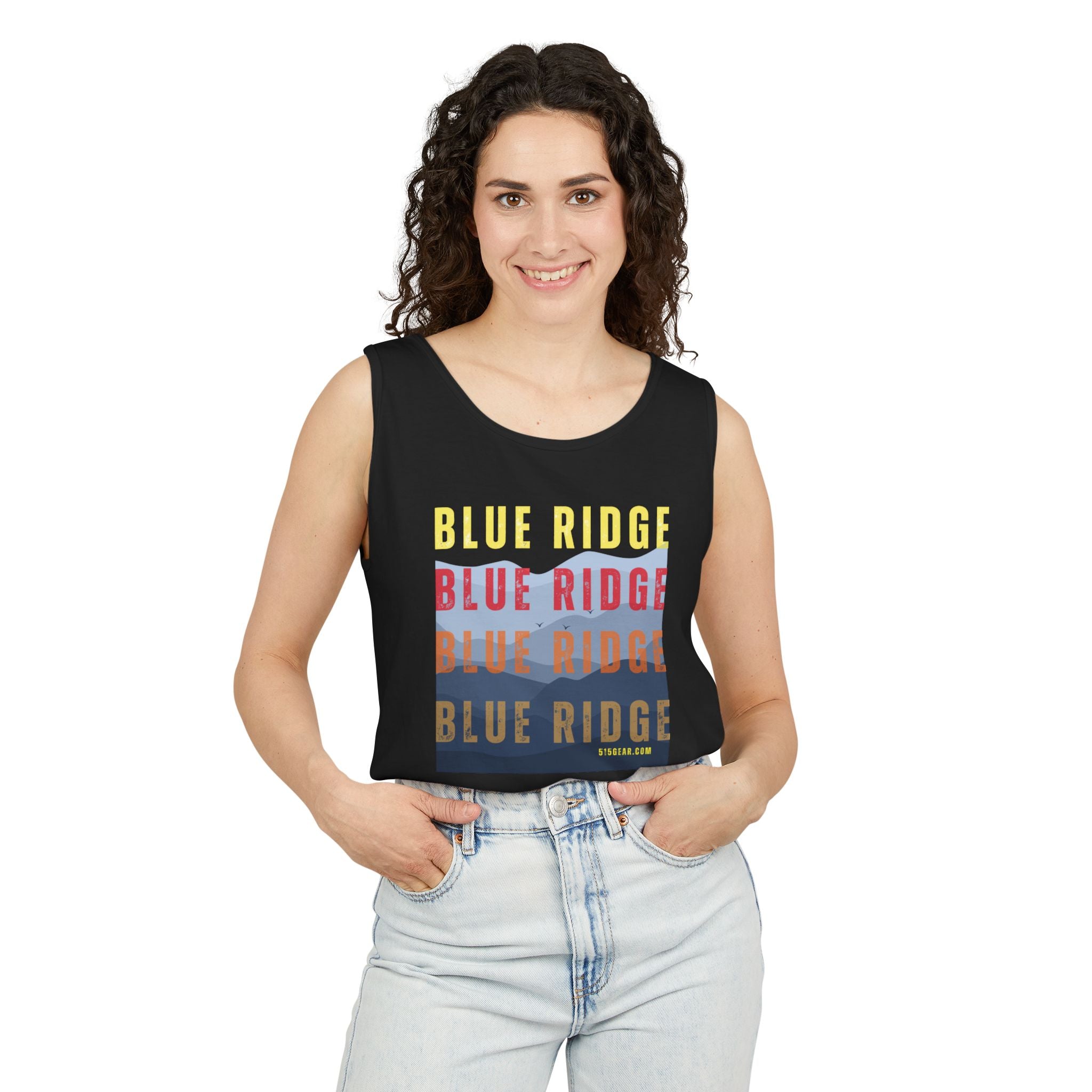 unisex tank-top, Blue Ridge mountain skyline graphic, by 515 Gear | Blue Ridge GA | soft cotton tank perfect for casual hikes and workouts