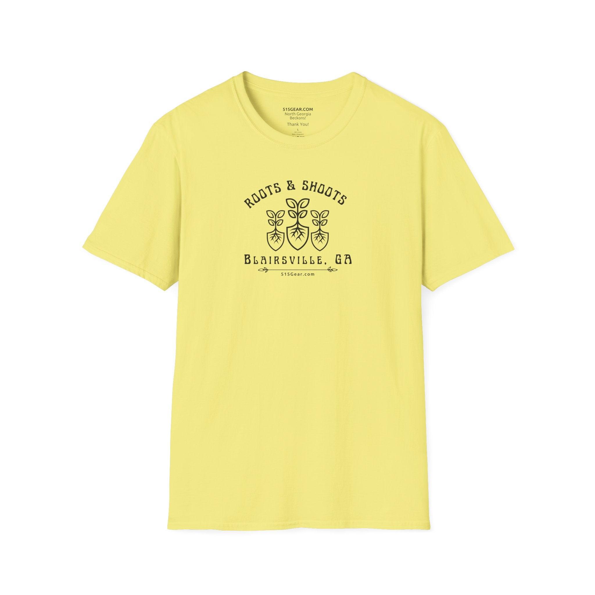 unisex adult T-shirt, Roots & Shoots, Garden shovel root leaf graphic, 515Gear.com | Blairsville, GA | celebrate gardening