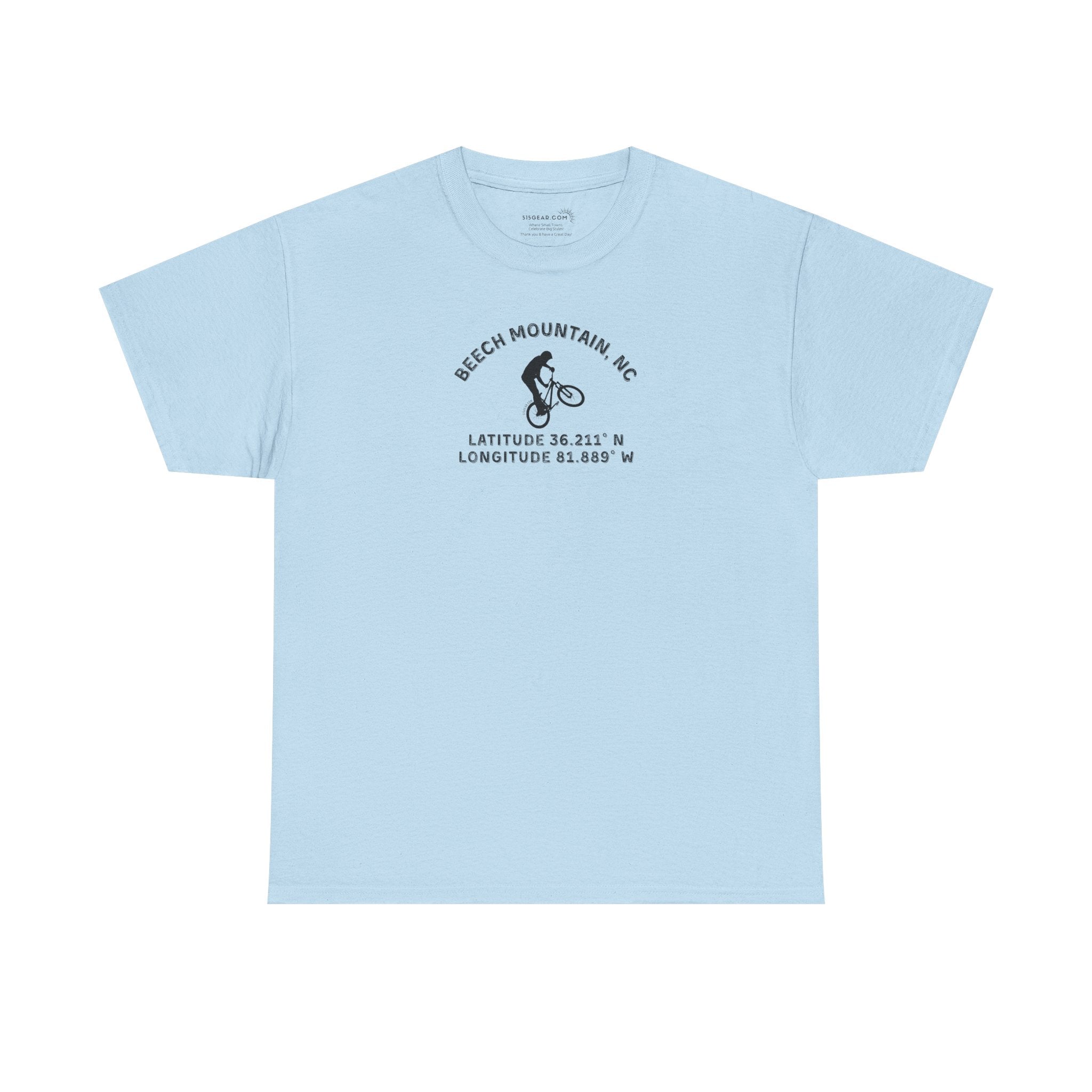 Light blue t-shirt with mountain bike graphic and text "Beech Mountain, NC" along with Latitude and Longitude" coordinates