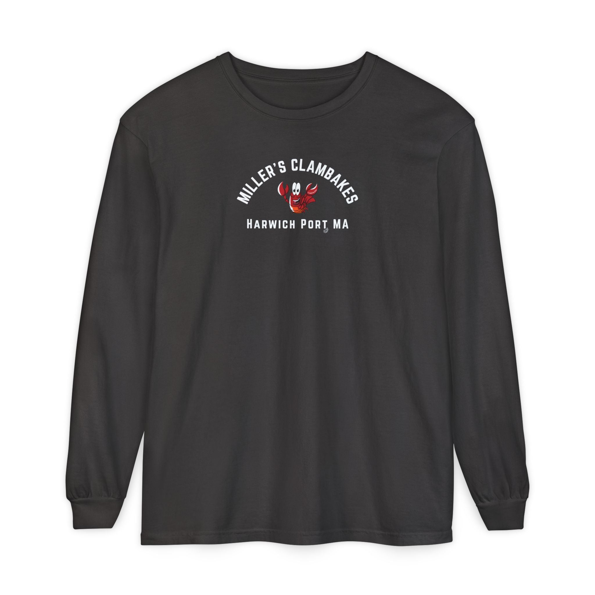 Black long-sleeve shirt with a happy lobster graphic and text "Miller's Clambakes Harwich Port, MA"