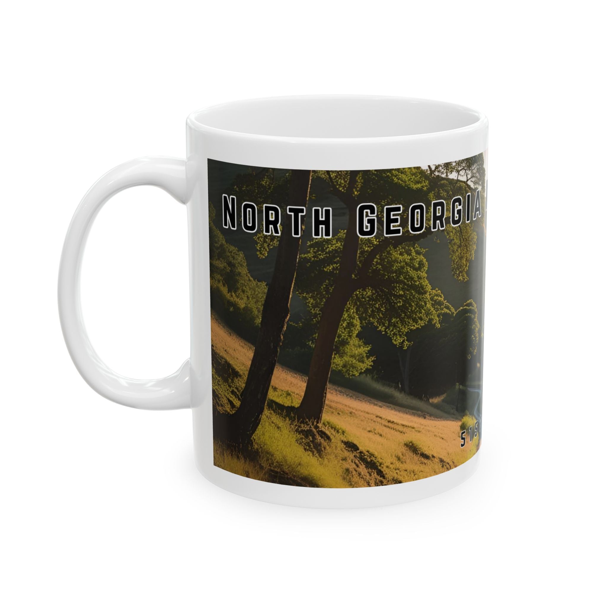 Mug with a vintage scenic design of a rural road at sunrise cutting through the North Georgia Mountains in Summer by 515Gear.com
