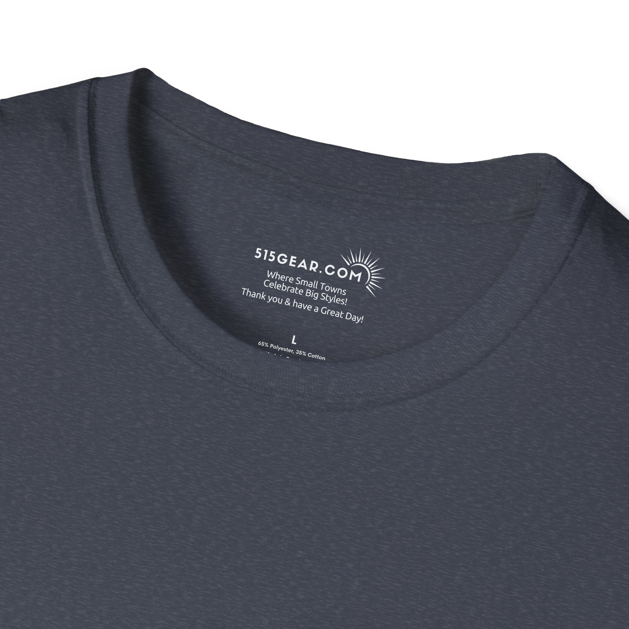 Navy blue t-shirt with a brand logo and text on the collar against a white background