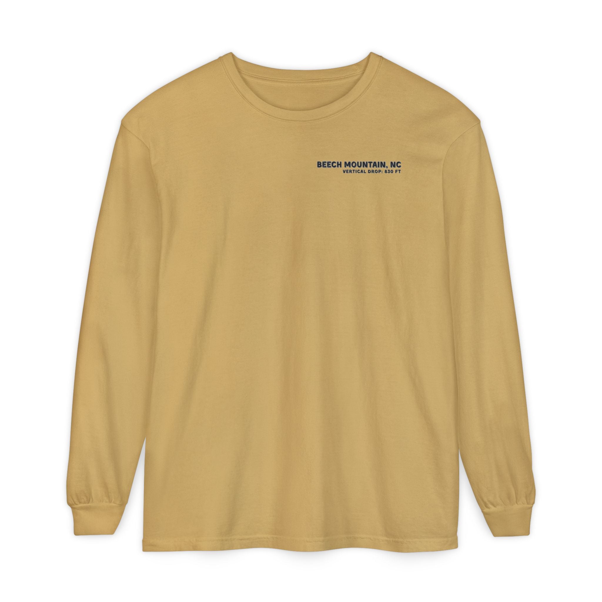 Mustard long-sleeve Comfort Color t-shirt with text Beech Mountain NC Vertical Drop 830 ft