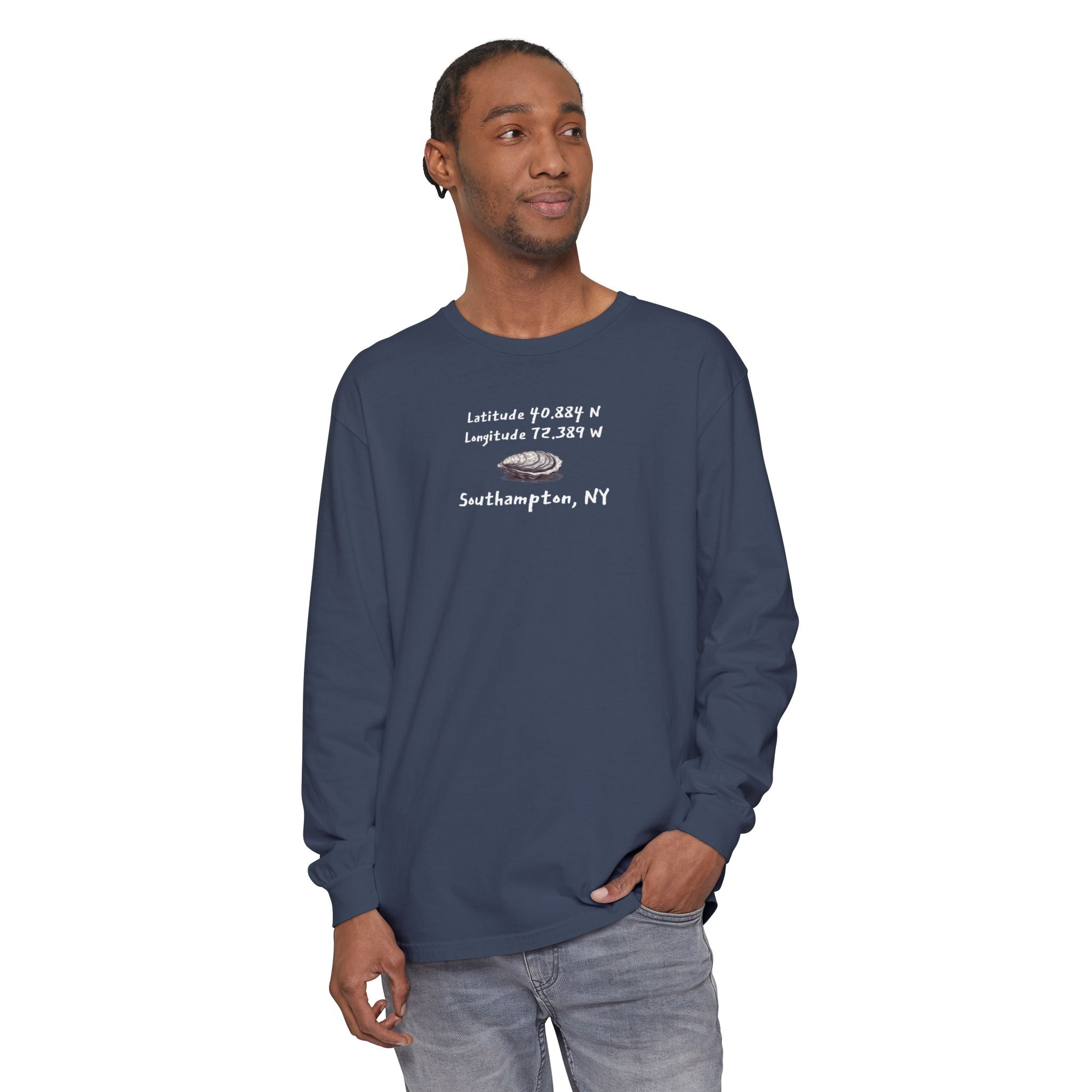 Man wearing a navy blue long-sleeve shirt with an oyster graphic and the latitude & longitude for Southampton, NY
