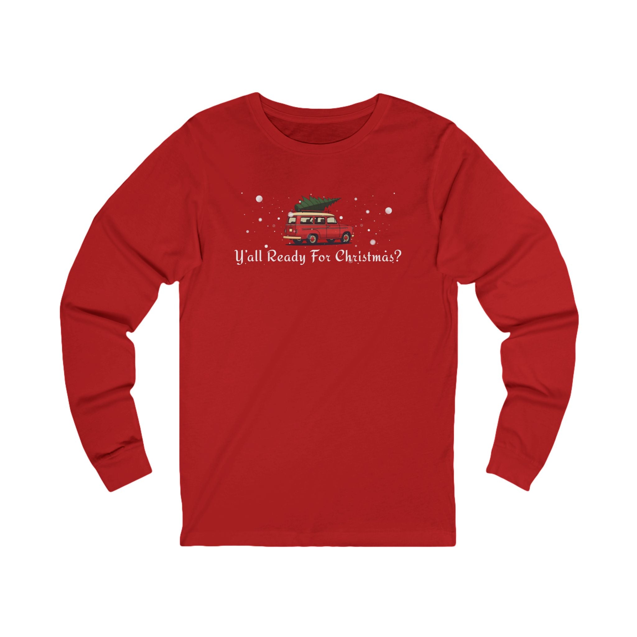 Red long-sleeve shirt with Christmas-themed graphic and text "Y'All Ready For Christmas?"