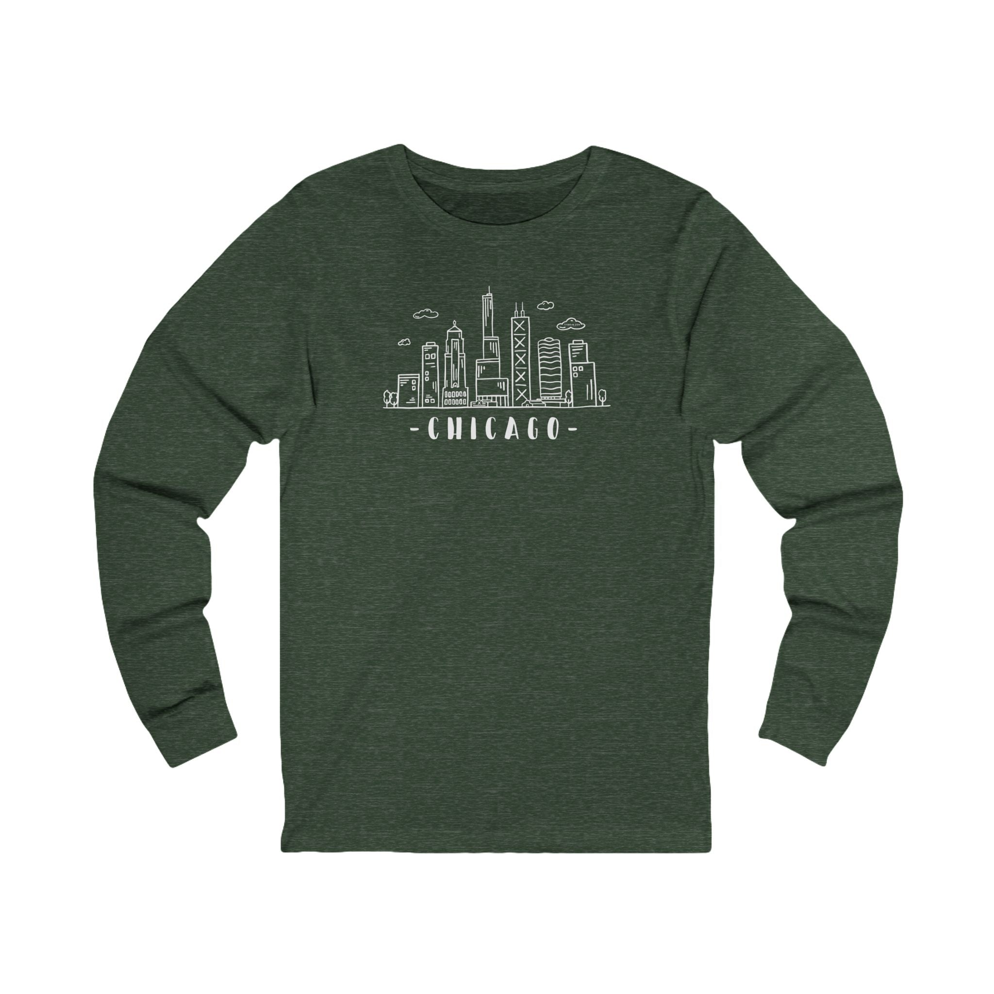 Green long-sleeve shirt with Chicago skyline graphic and text "Chicago"