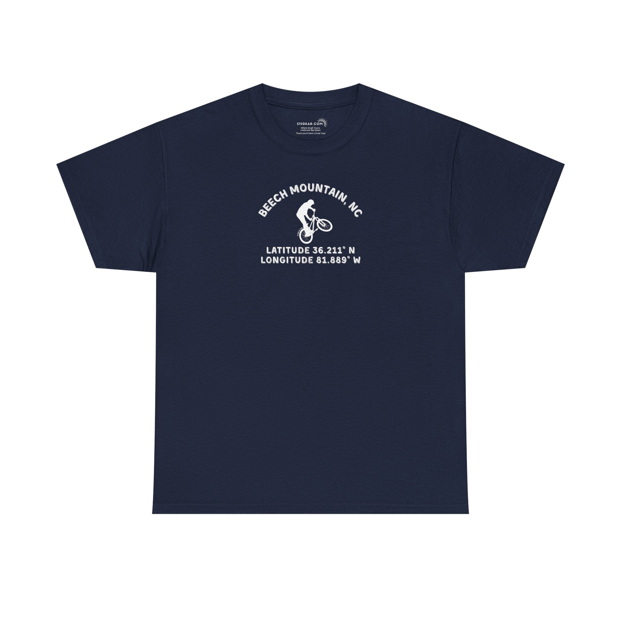Navy bluet-shirt with mountain bike graphic and text "Beech Mountain, NC" along with Latitude and Longitude" coordinates