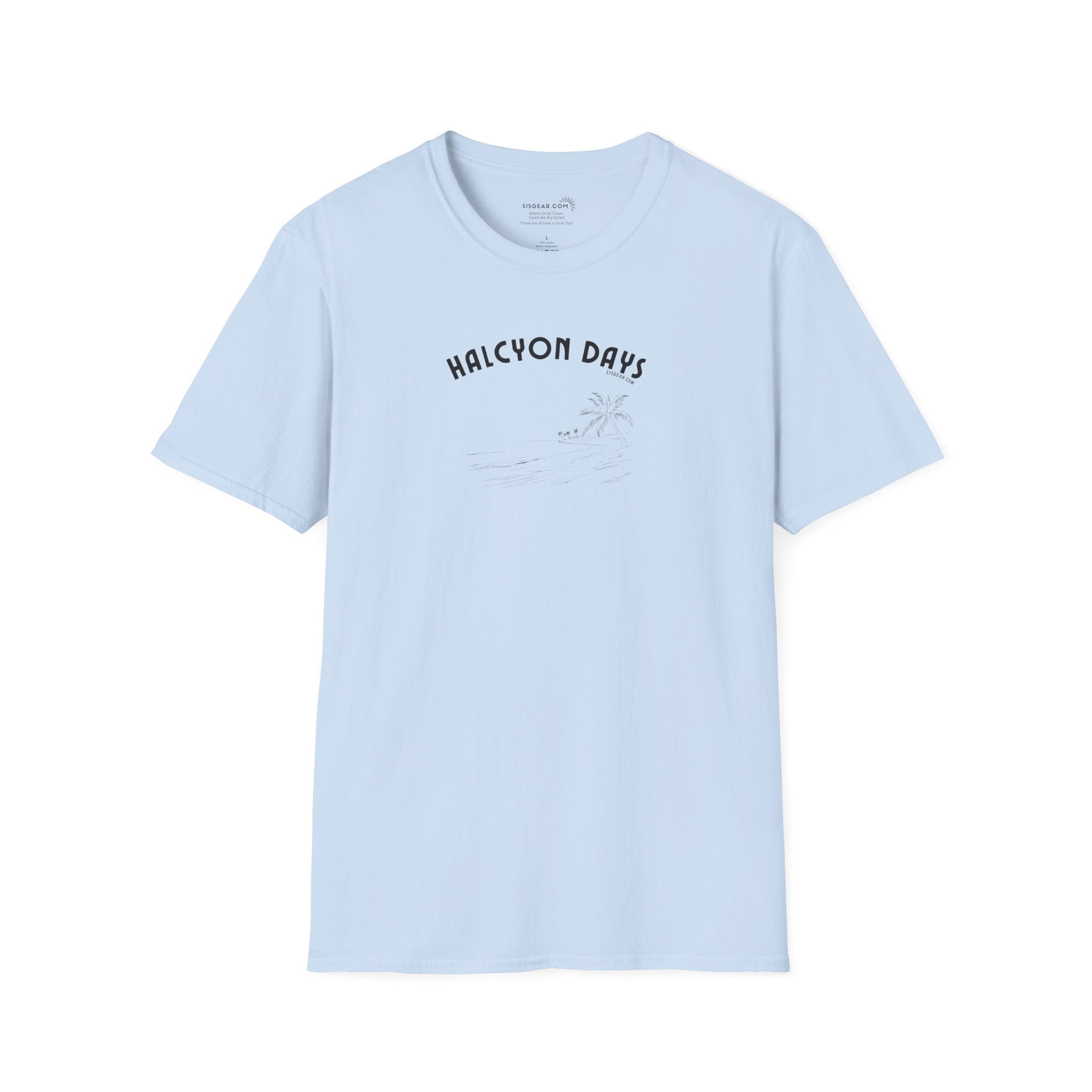Light blue unisex t-shirt with 'Halcyon Days' text and palm tree beach graphic