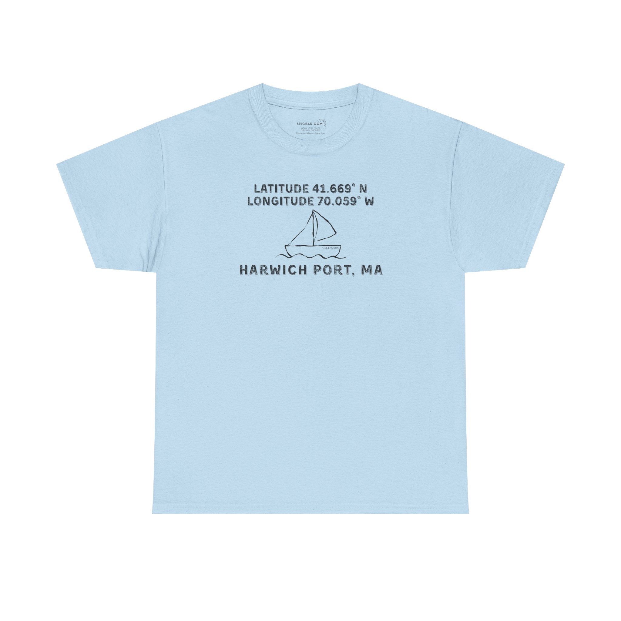 Light blue t-shirt with text "Latitude 41.669 N Longitude 70.058 W - Harwich Port, MA" and sailboat graphic