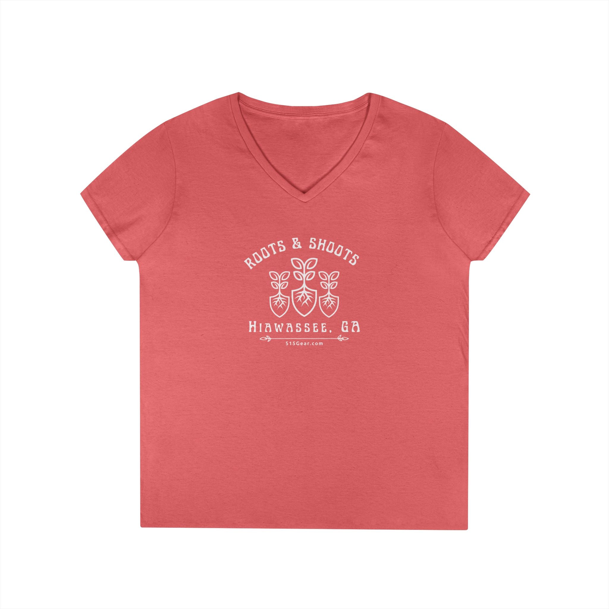 Women’s V-Neck T-shirt, Roots & Shoots, Garden shovel root leaf graphic, 515Gear.com | Hiawassee, GA | celebrate gardening