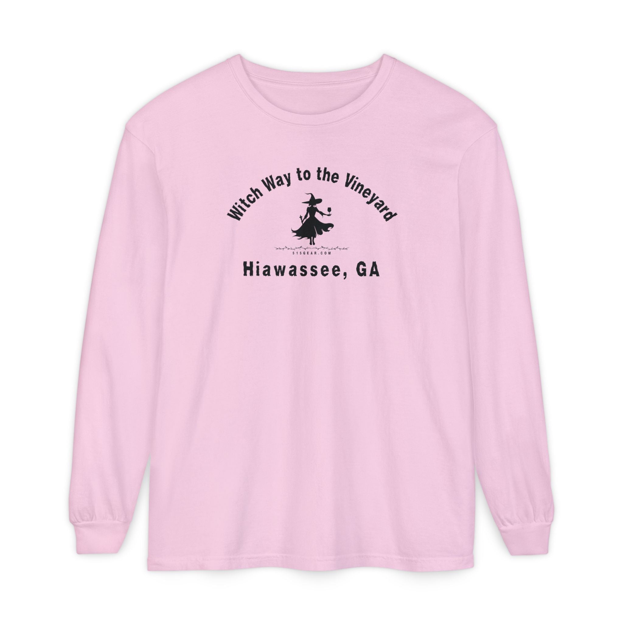 Pink unisex long sleeve t-shirt with sassy witch graphic holding a glass of wine and text "Witch Way to the Vineyard - Hiawassee GA" by 515Gear.com