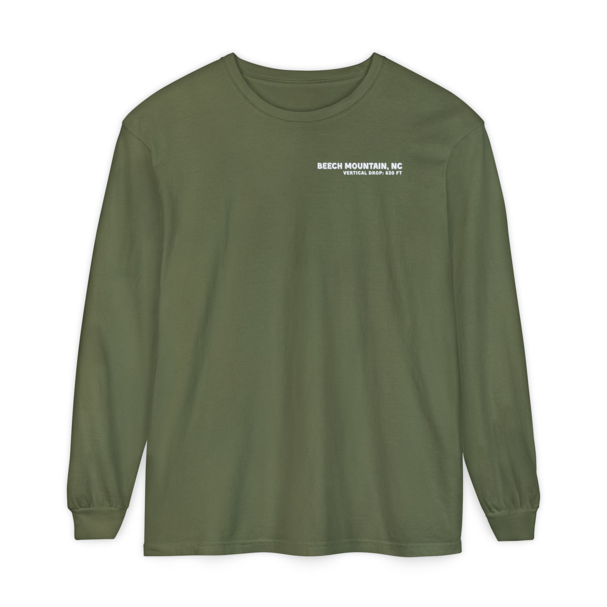 Green long-sleeve Comfort Color t-shirt with text Beech Mountain NC Vertical Drop 830 ft