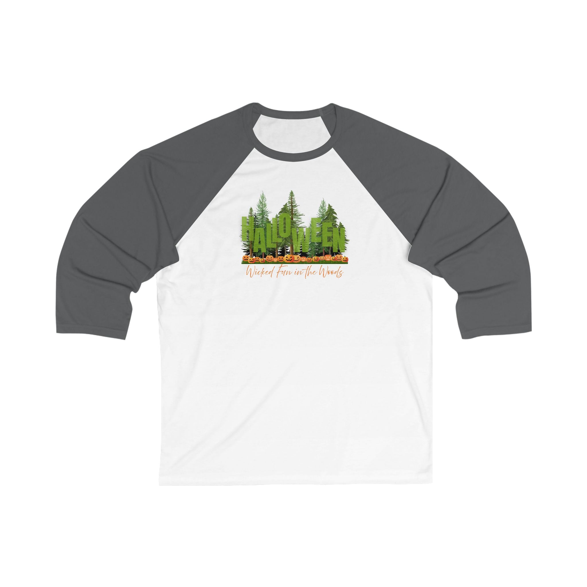 Black 3/4 sleeve ringer t-shirt with a graphic of a forest with Jack-o-lanterns, standing and text "Halloween - Wicked Fun in Woods" by 515Gear.com
