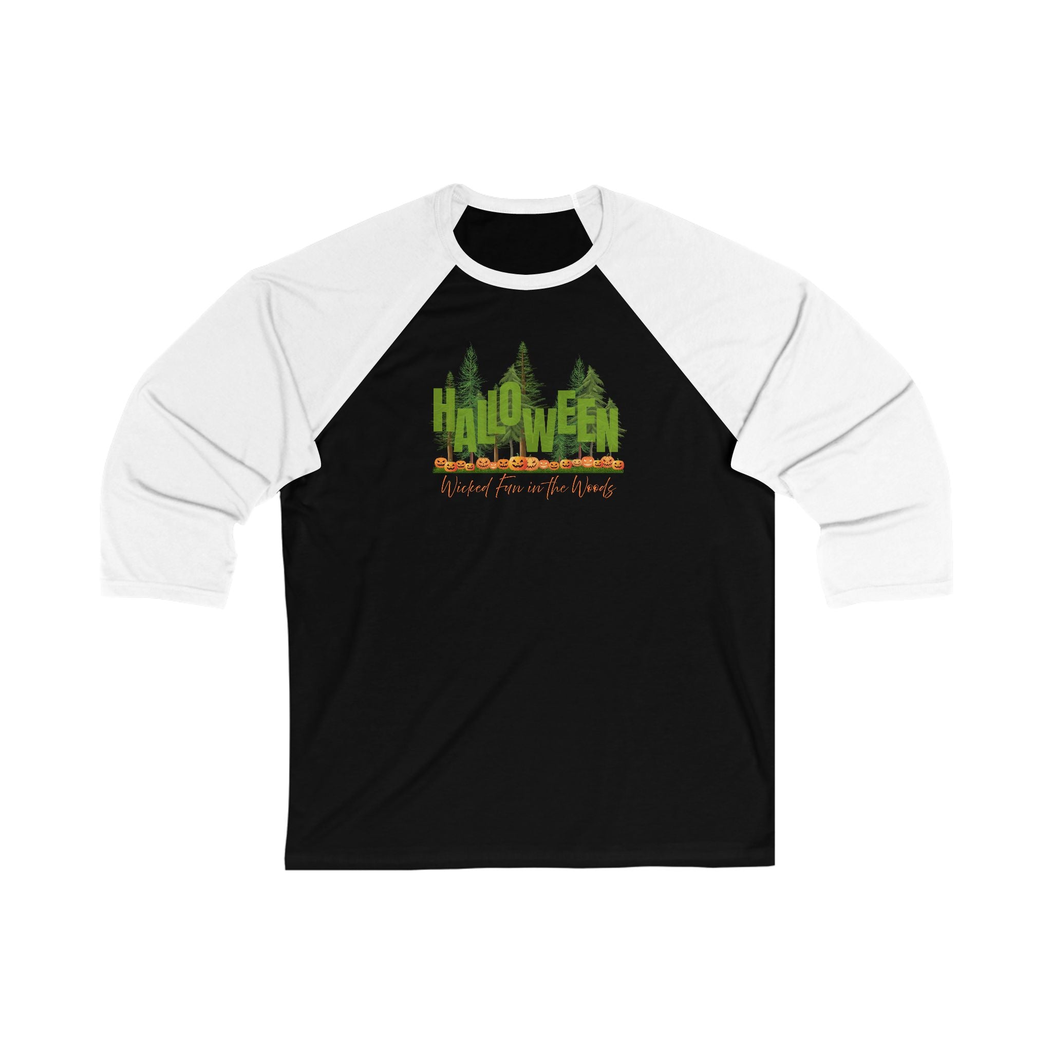 Black & white 3/4 sleeve ringer t-shirt with a graphic of a forest with Jack-o-lanterns, standing and text "Halloween - Wicked Fun in Woods" by 515Gear.com