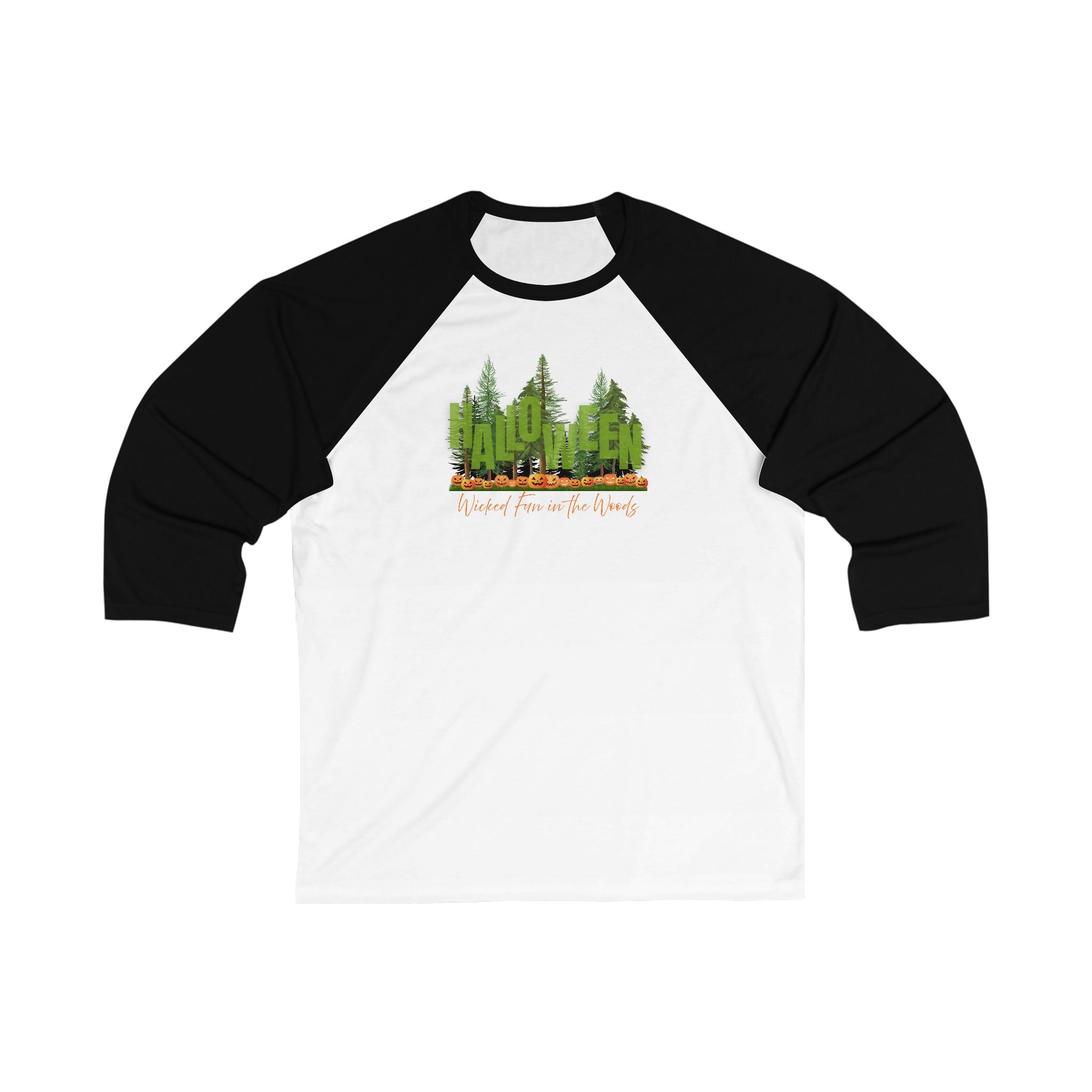 Black & white 3/4 sleeve ringer t-shirt with a graphic of a forest with Jack-o-lanterns, standing and text "Halloween - Wicked Fun in Woods" by 515Gear.com