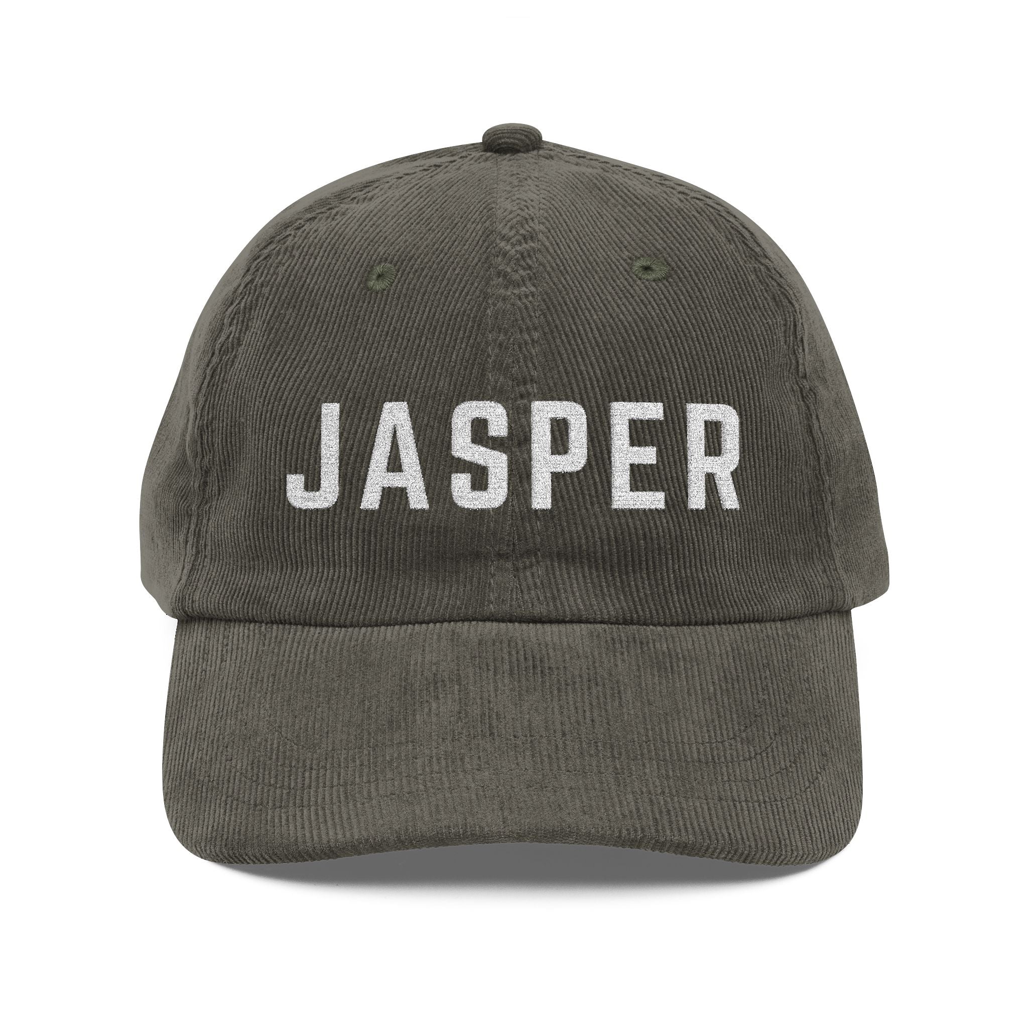 Olive corduroy hat with JASPER embroidered in white by 515Gear.com