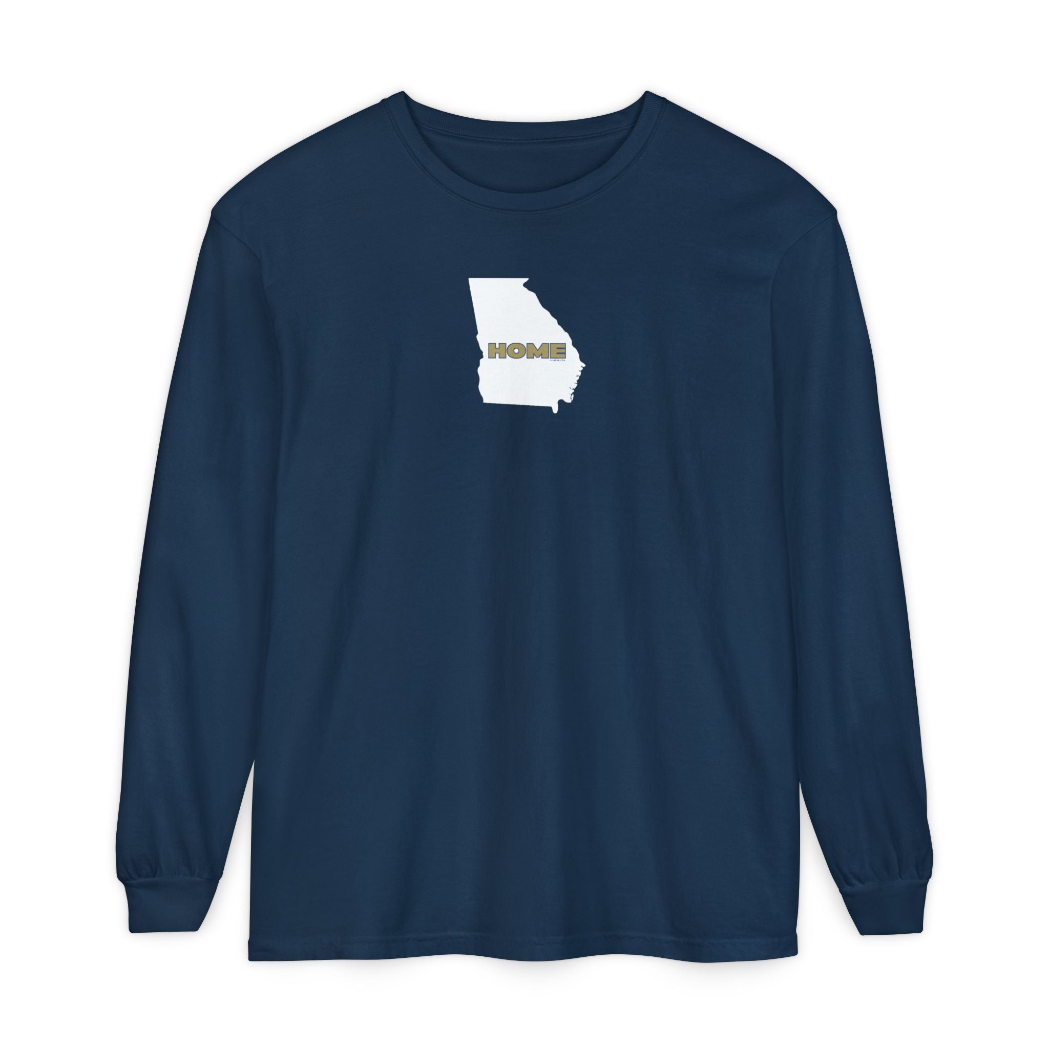 Navy blue Comfort Colors unisex Georgia pride long-sleeve tee in school colors; State of Georgia graphic with text 'HOME'