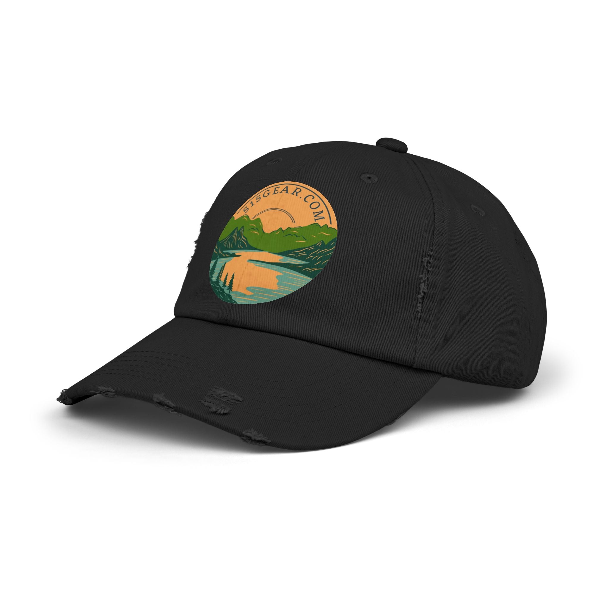Distressed Baseball cap, 515 Gear Adventure Awaits Logo | by 515Gear.com | Come sit by the lake!