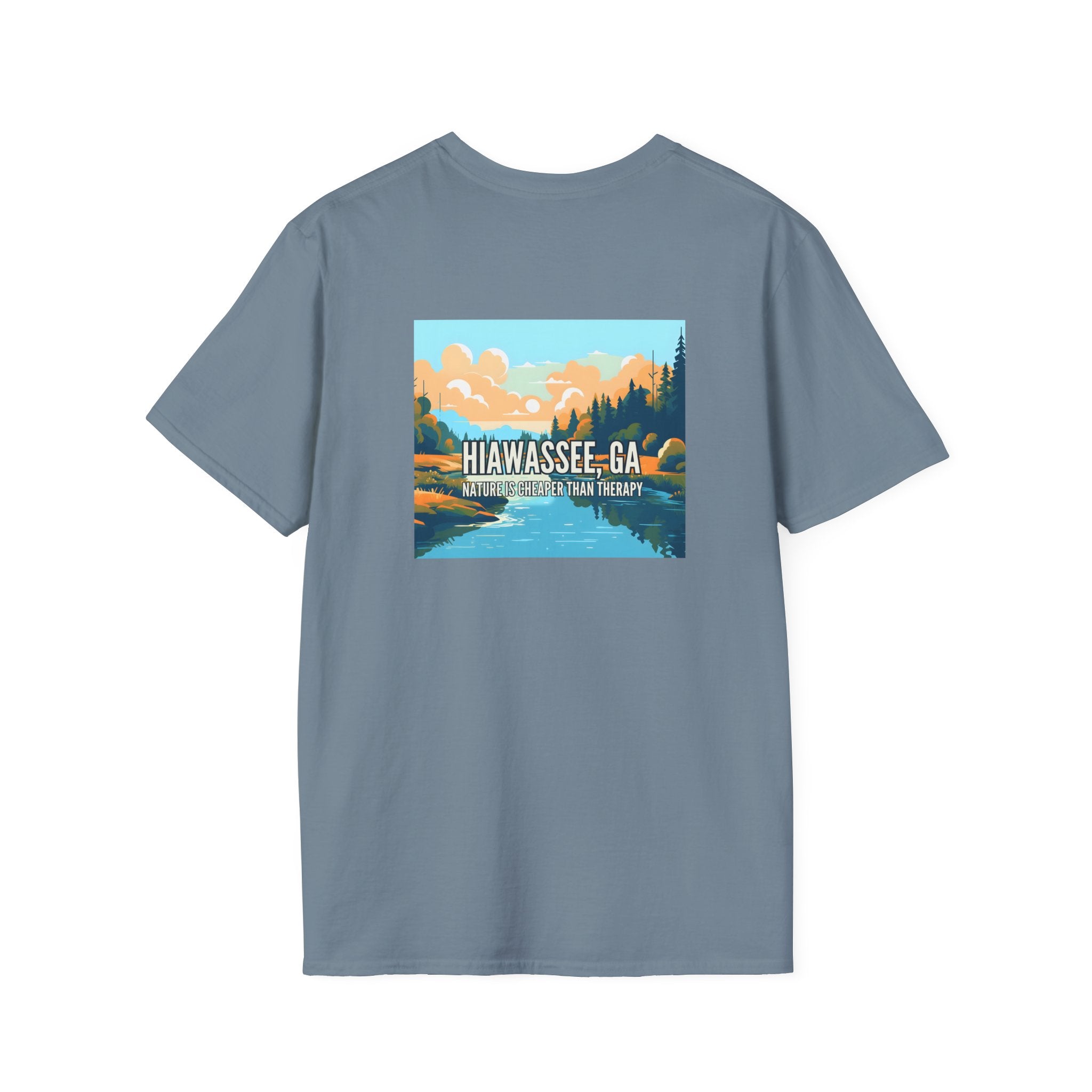 unisex adult T-shirt, Mountain Scene Graphic, by 515Gear.com | Hiawassee, GA | Nature is Cheaper than Therapy