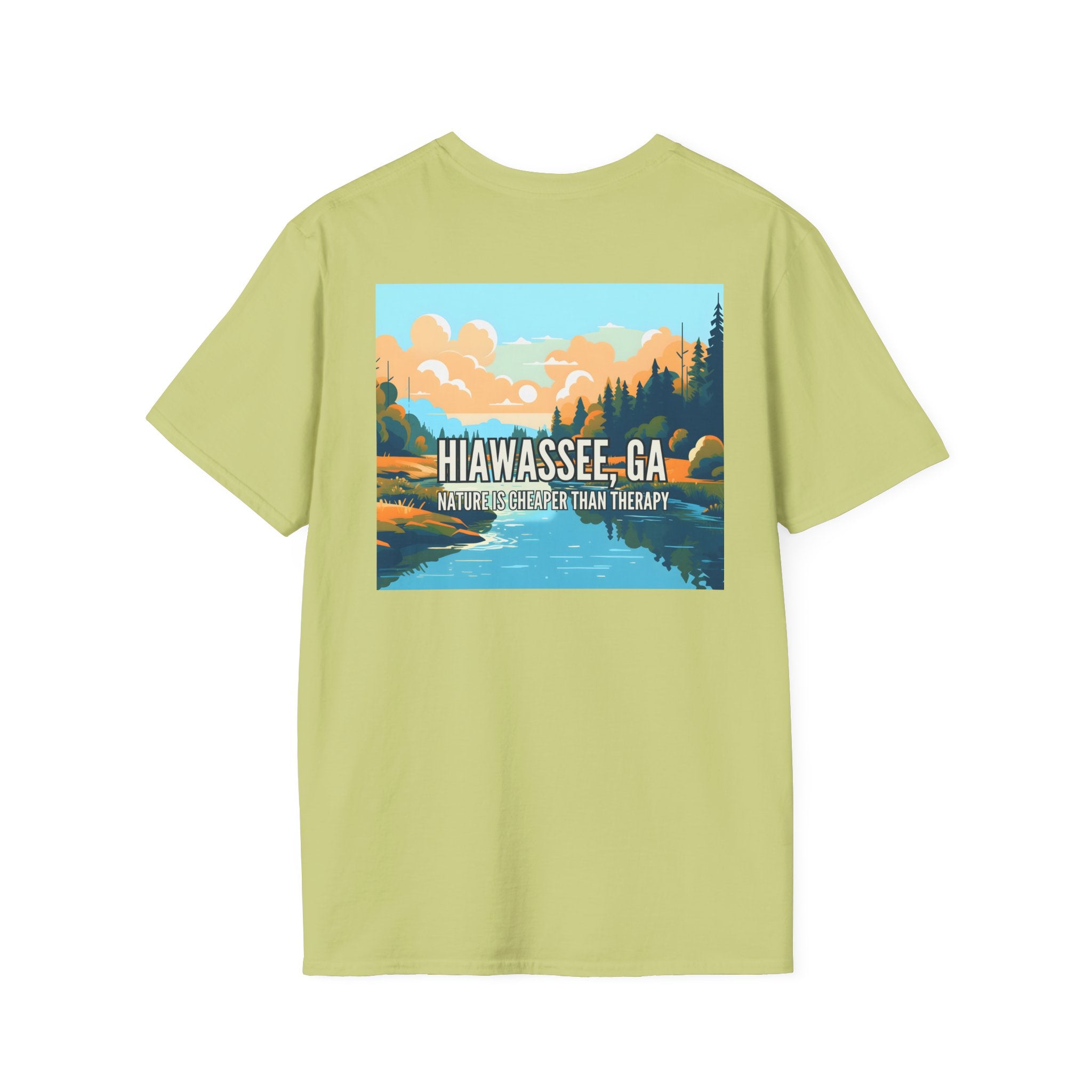 unisex adult T-shirt, Mountain Scene Graphic, by 515Gear.com | Hiawassee, GA | Nature is Cheaper than Therapy