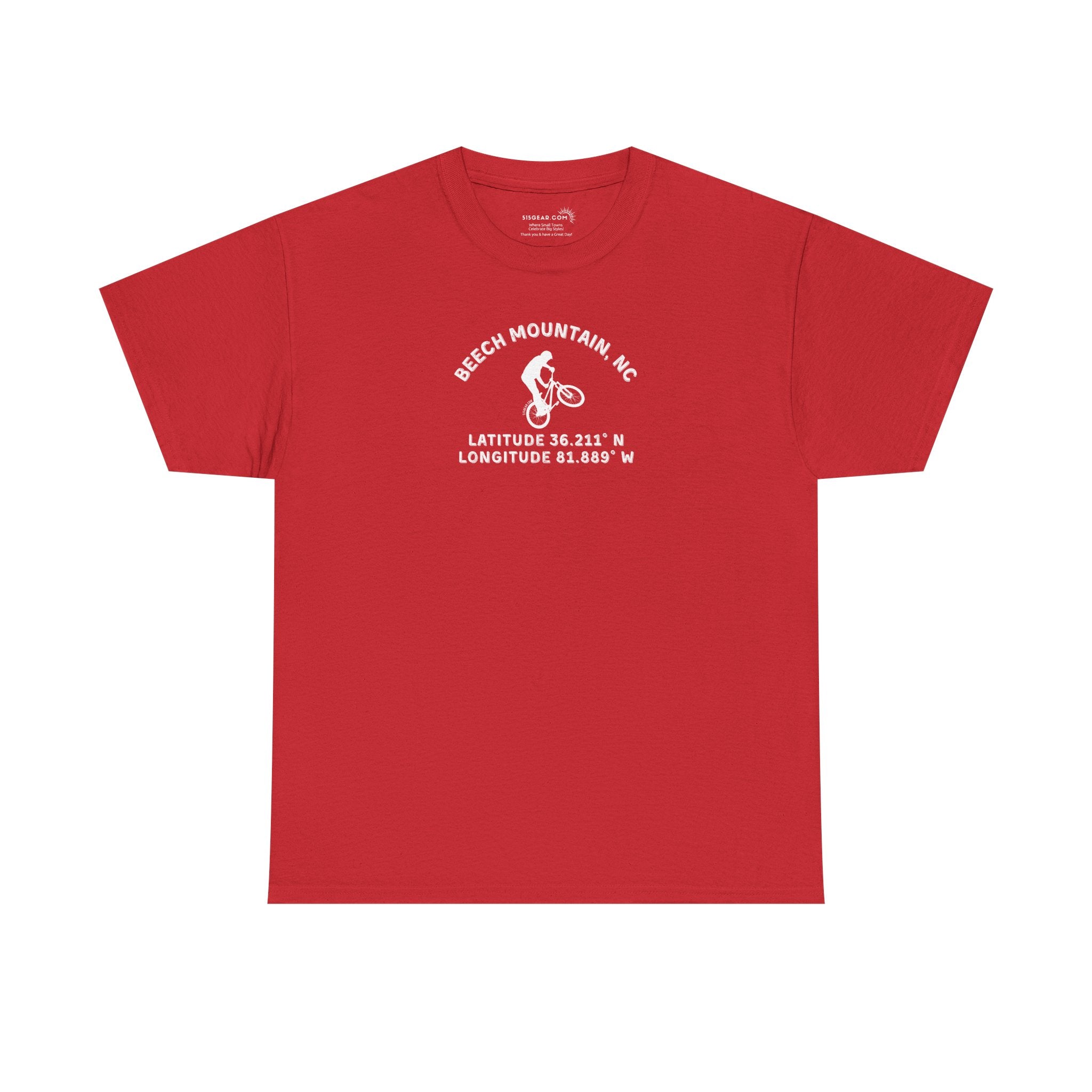 Red t-shirt with mountain bike graphic and text "Beech Mountain, NC" along with Latitude and Longitude" coordinates