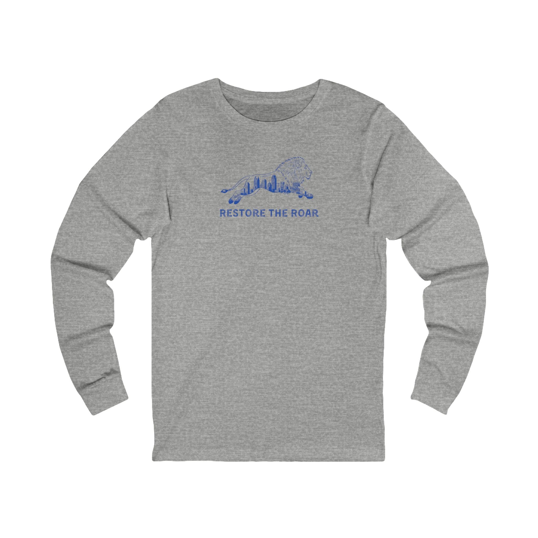 Gray long-sleeve shirt with blue graphic and text on a white background