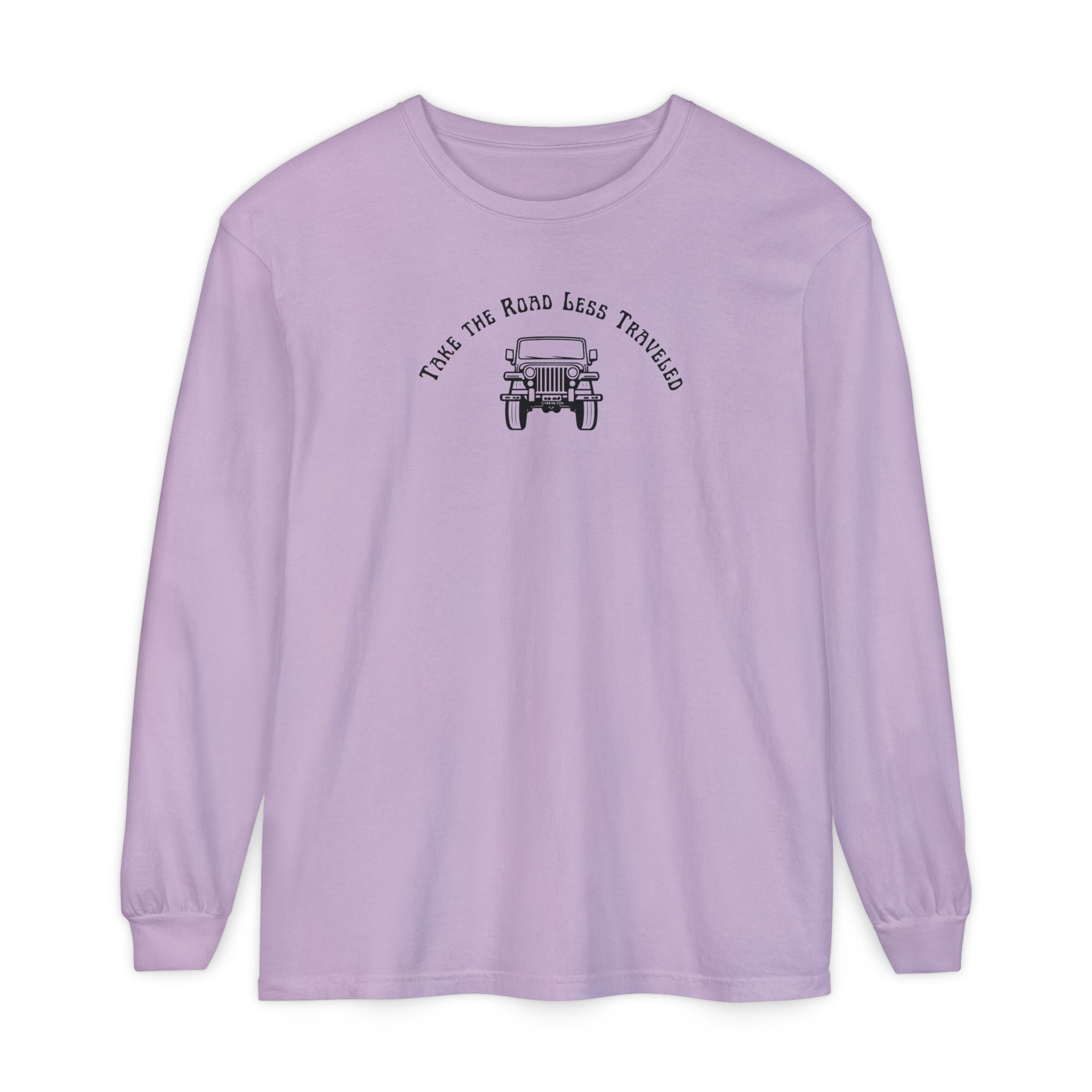 Purple long-sleeve shirt with Jeep graphic and text "Take the Road Less Traveled"