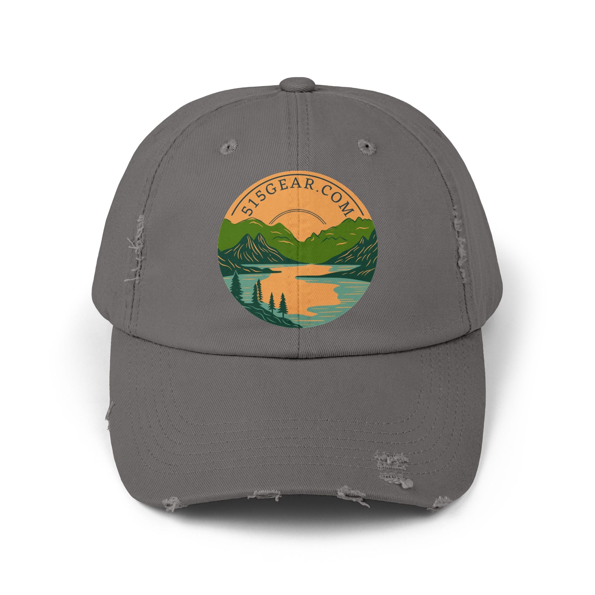 Distressed Baseball cap, 515 Gear Adventure Awaits Logo | by 515Gear.com | Come sit by the lake!