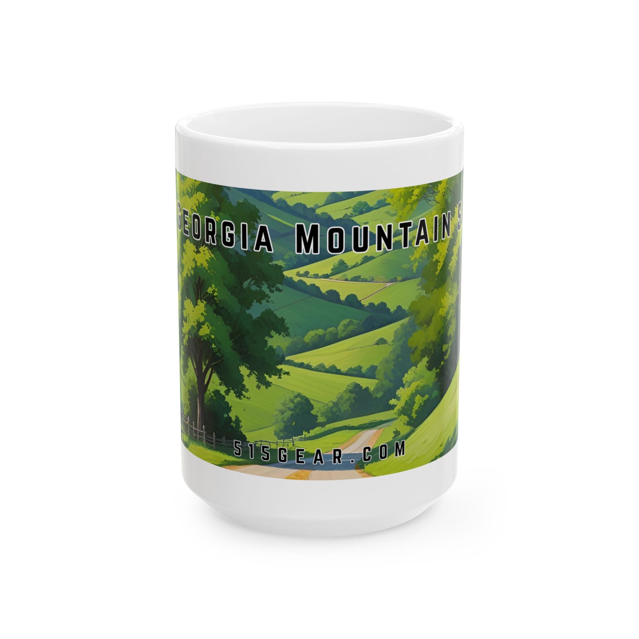 Mug with a vintage scenic design of a rural road cutting through the North Georgia Mountains in Spring by 515Gear.com