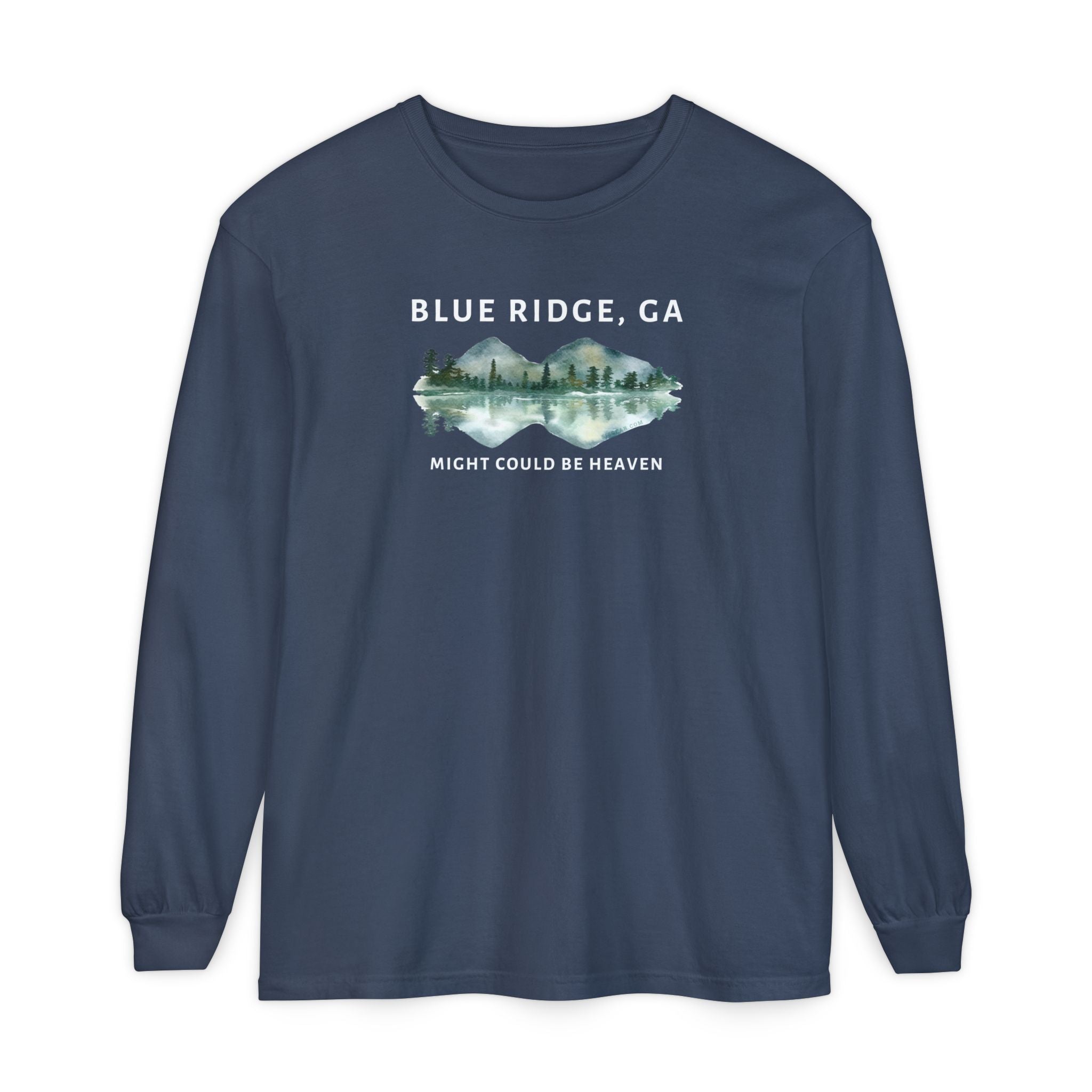 Blue Comfort Colors long-sleeve shirt with 'Blue Ridge, GA - Might Could Be Heaven" text and Mountain & Lake graphic