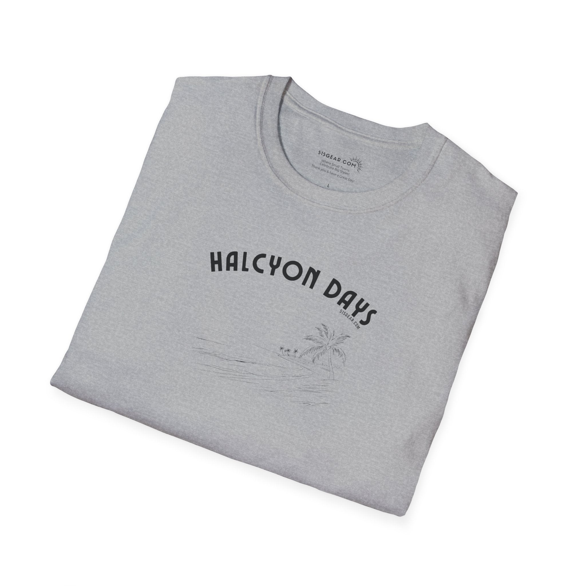 Folded gray t-shirt with 'Halcyon Days' text on a white background