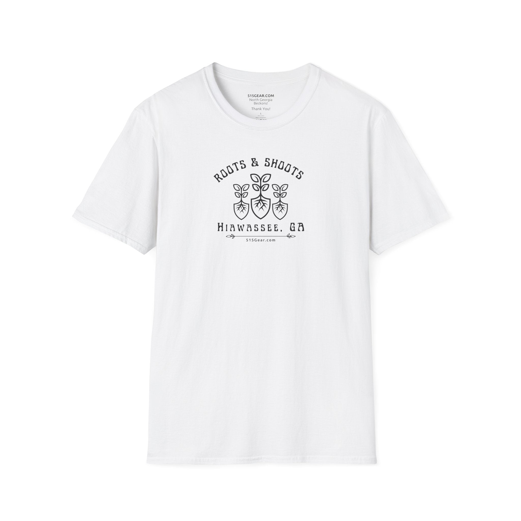 Unisex T-shirt, Roots & Shoots, Garden shovel root leaf graphic, 515Gear.com | Hiawassee, GA | celebrate gardening