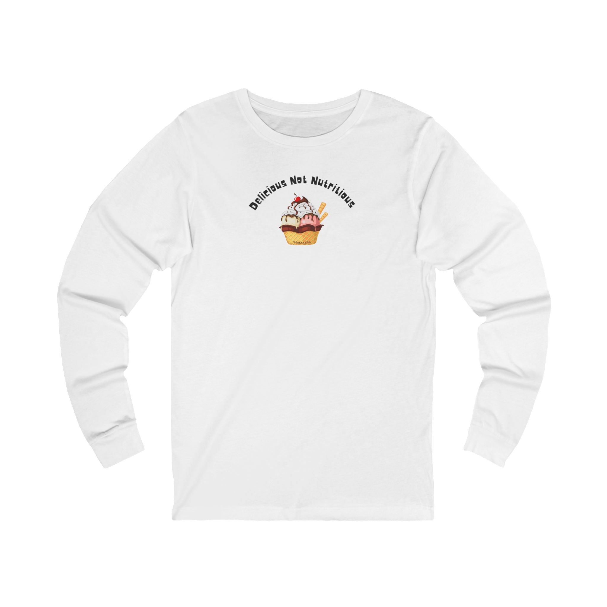White long-sleeve T-shirt with ice cream sundae graphic and text "delicious not nutritious" by 515gear.com