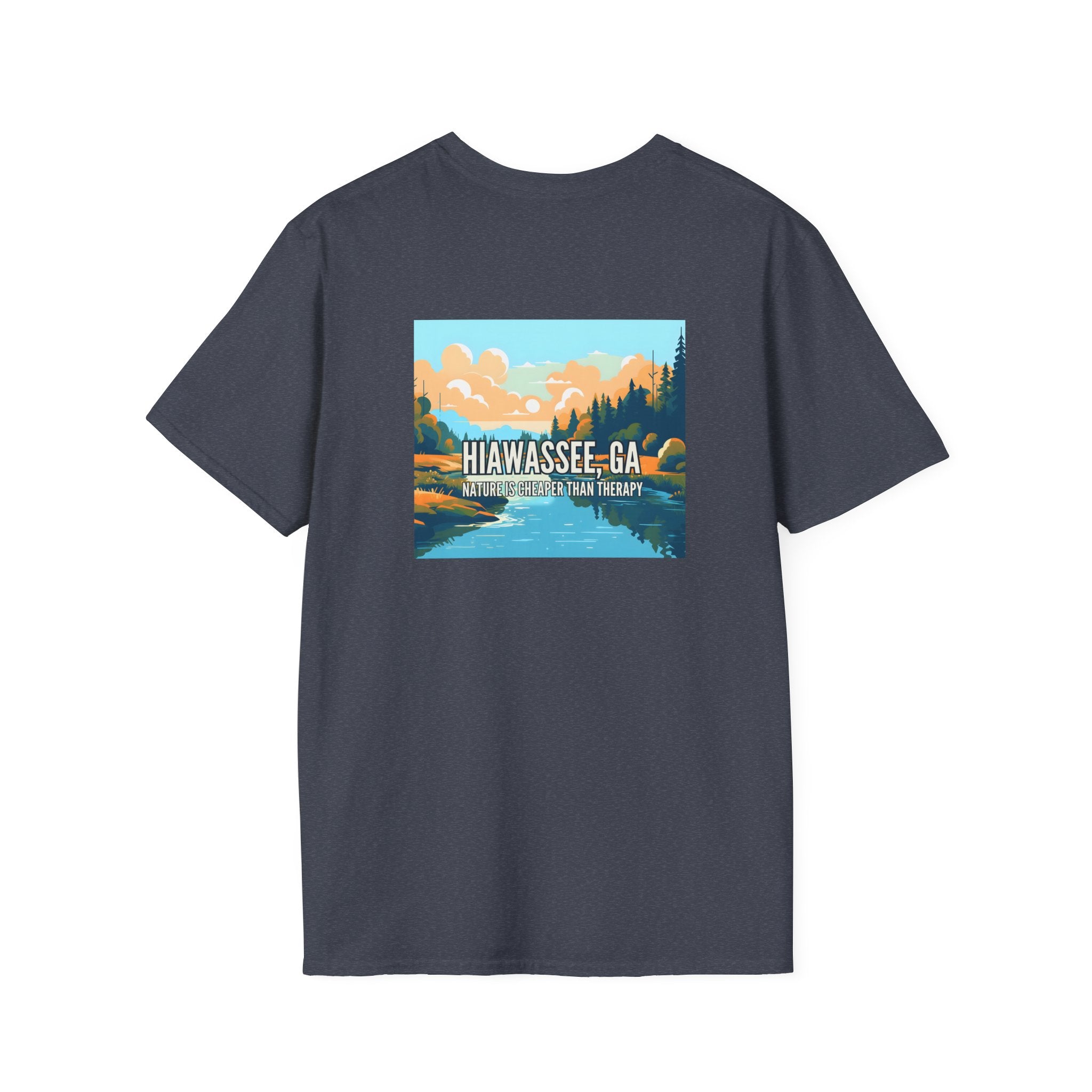 unisex adult T-shirt, Mountain Scene Graphic, by 515Gear.com | Hiawassee, GA | Nature is Cheaper than Therapy