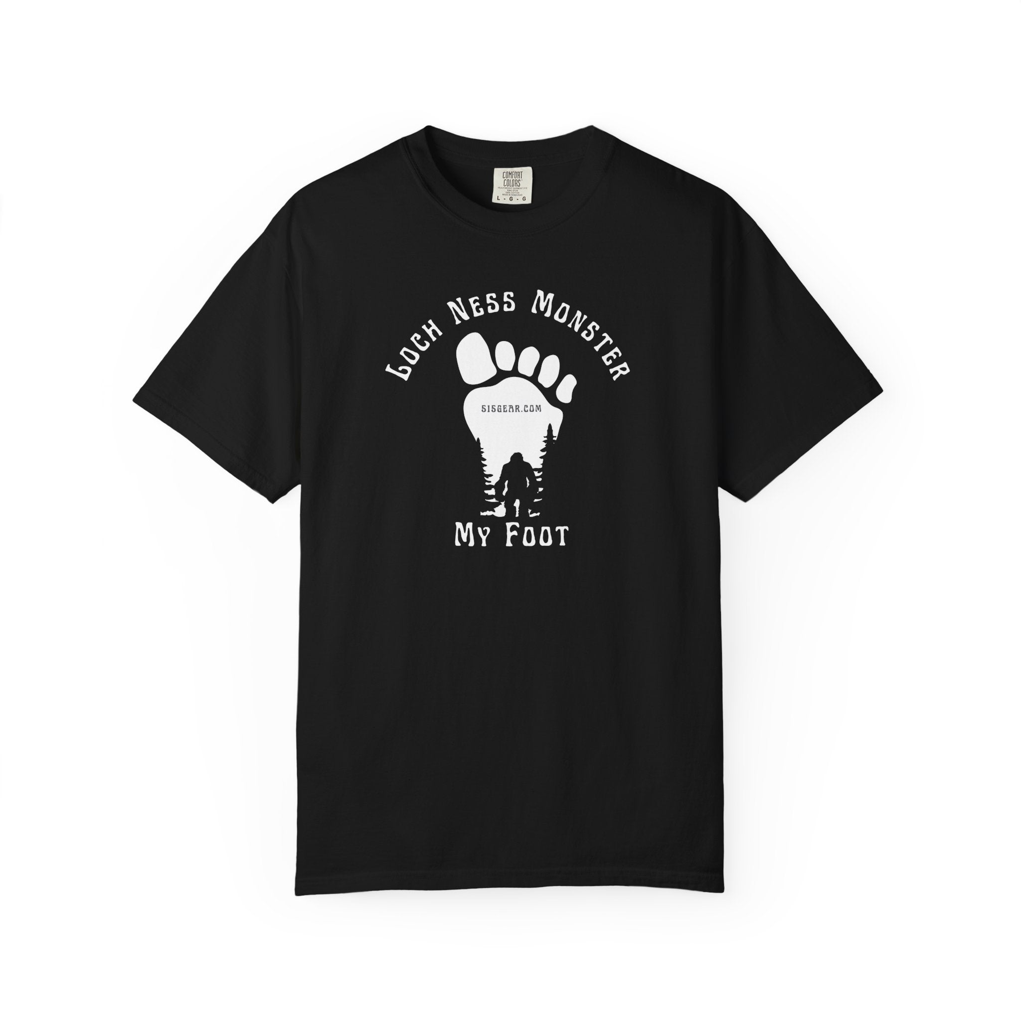 Comfort Colors black t-shirt with black graphic of a foot with Big Foot inside and text "Loch Ness Monster My Foot" by 515Gear.com