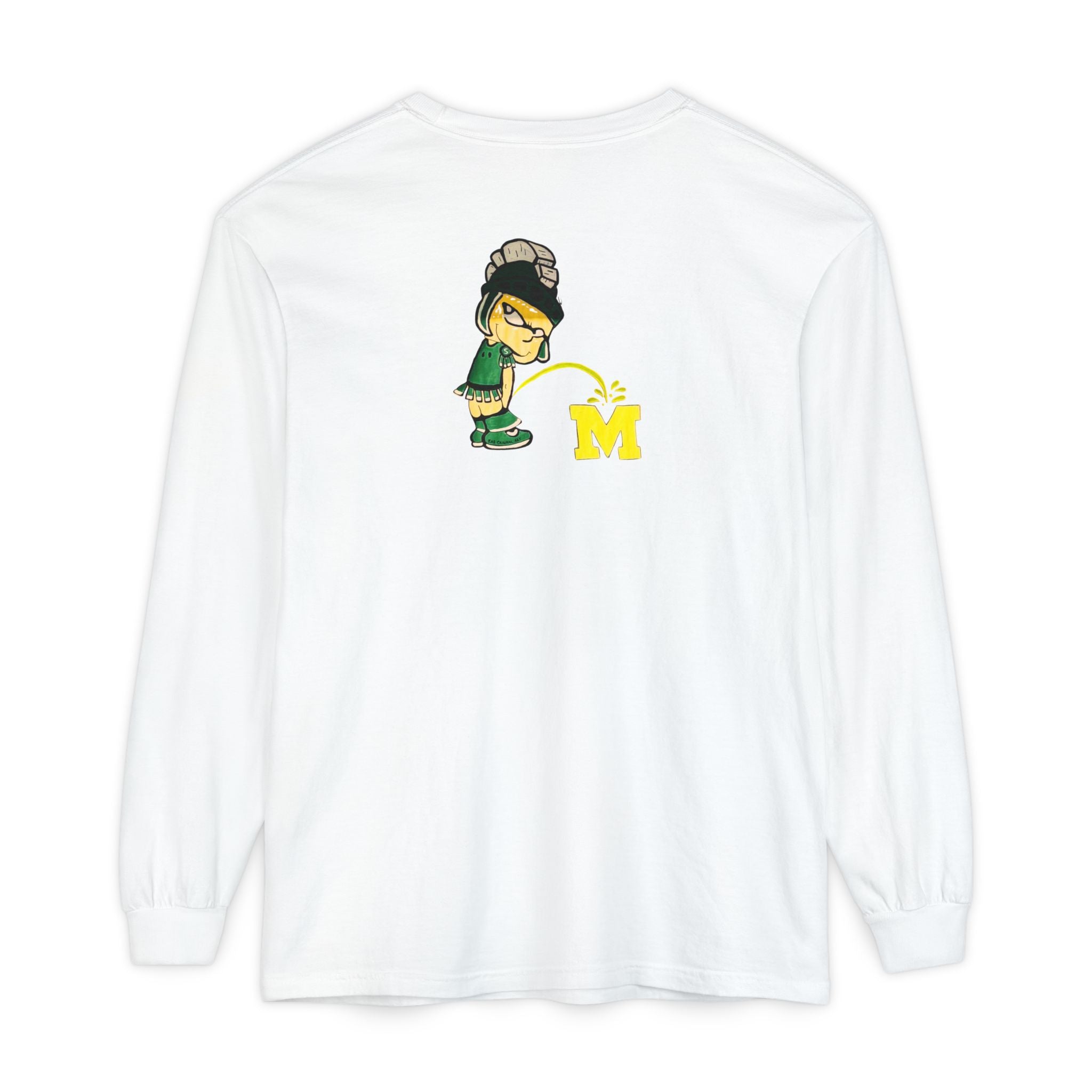 White long-sleeve shirt with cartoon Sparty peeing and text Always Spartan