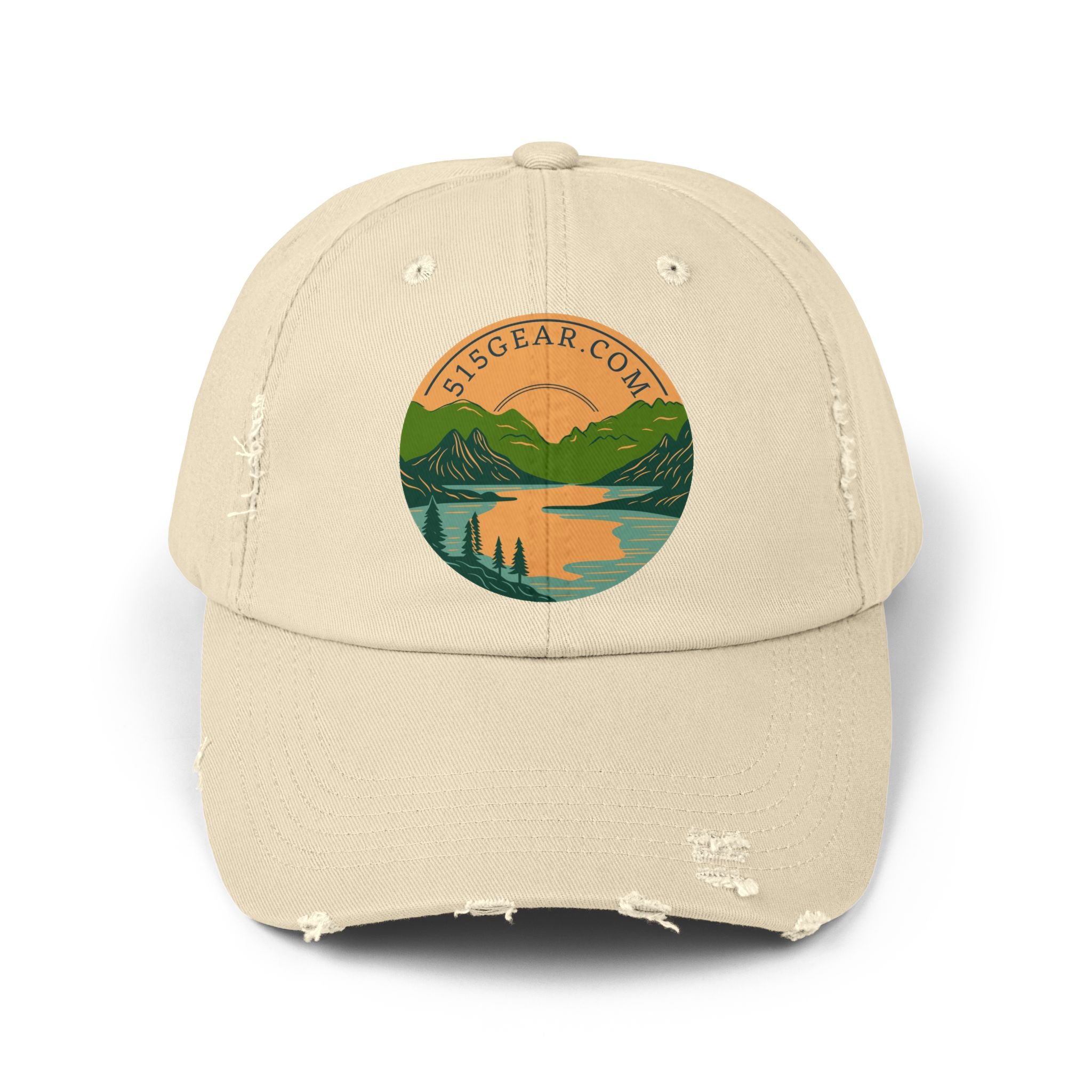 Distressed Baseball cap, 515 Gear Adventure Awaits Logo | by 515Gear.com | Come sit by the lake!
