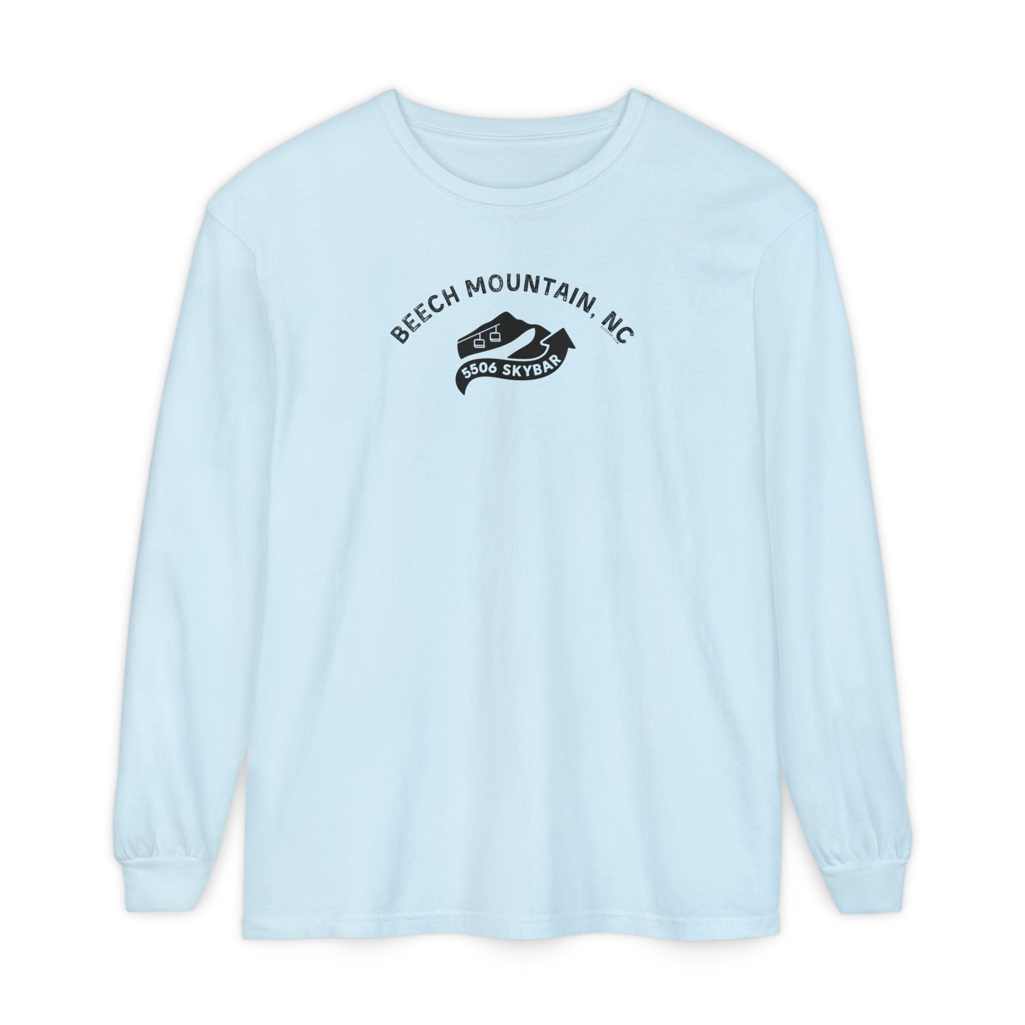 Light blue Comfort Colors long-sleeve t-shirt with 'Beech Mountain, NC - 5506 Skybar' text and mountain lift graphic