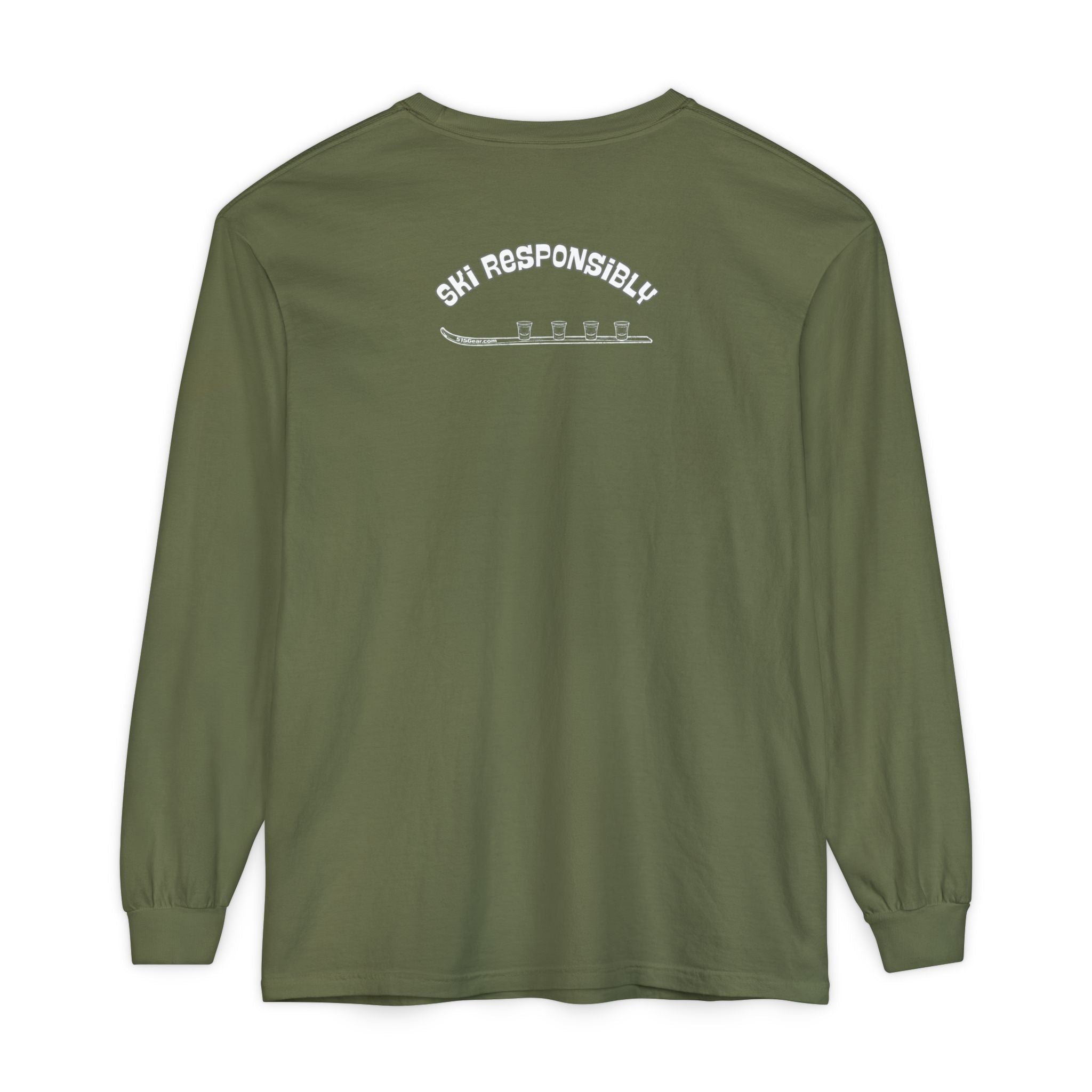 Green long-sleeve shirt with 'Ski Responsibly' text and shotski graphic