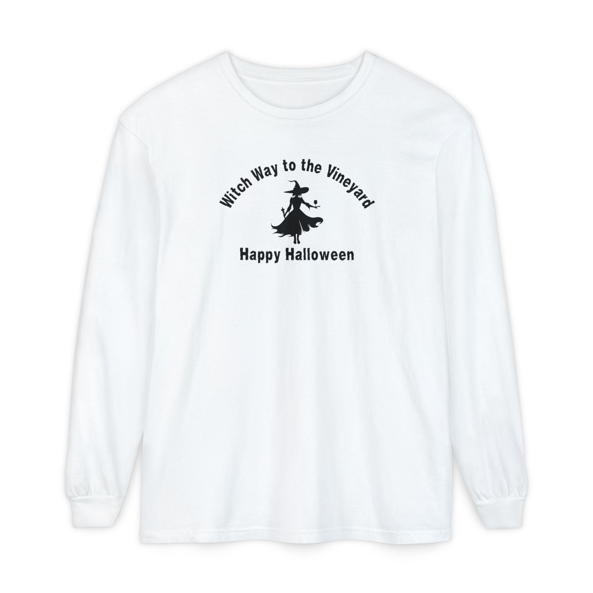 White long-sleeve unisex comfort color t-shirt with halloween witch graphic holding a wine glass and text "Witch Way to the Vineyard - Happy Halloween"