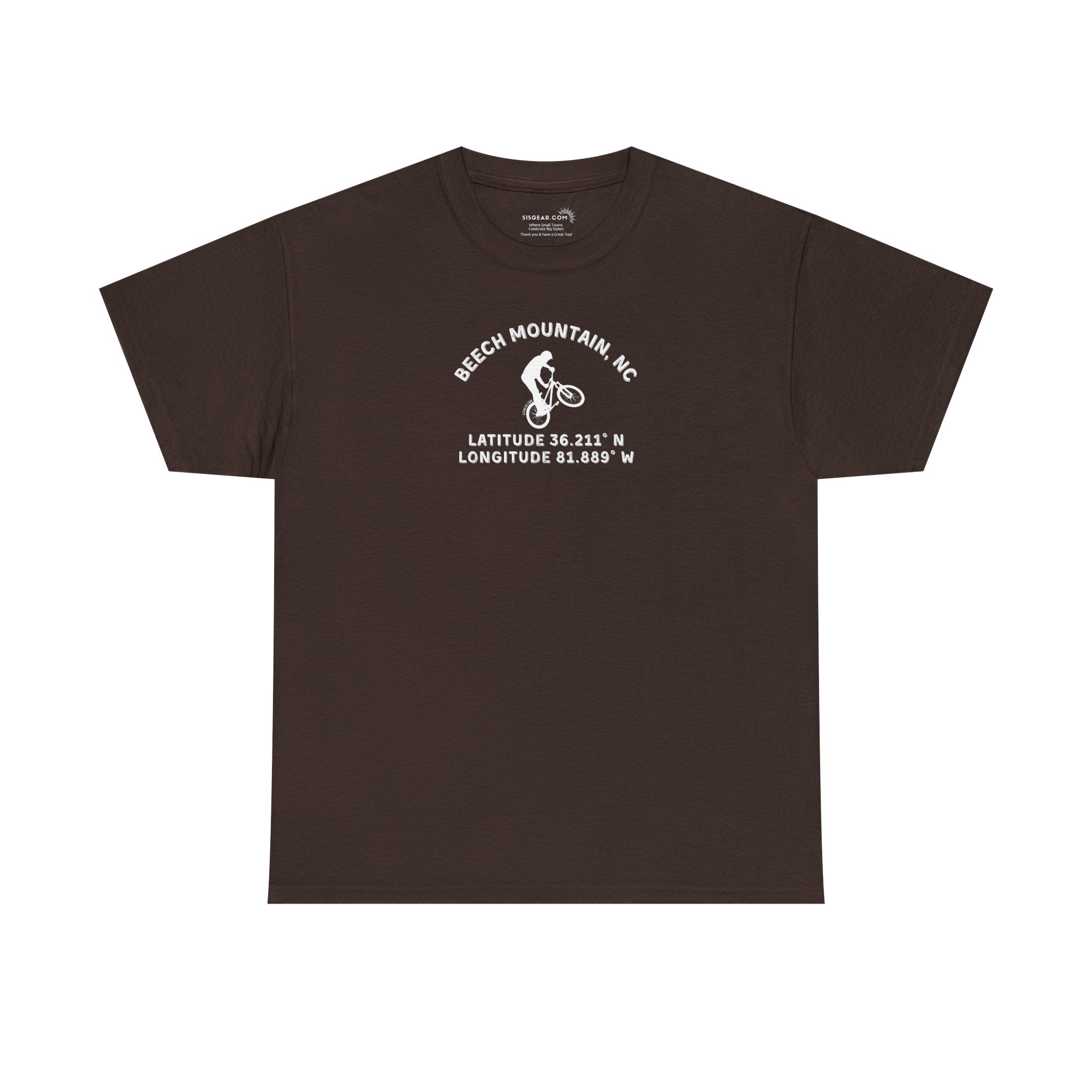 Brown t-shirt with mountain bike graphic and text "Beech Mountain, NC" along with Latitude and Longitude" coordinates