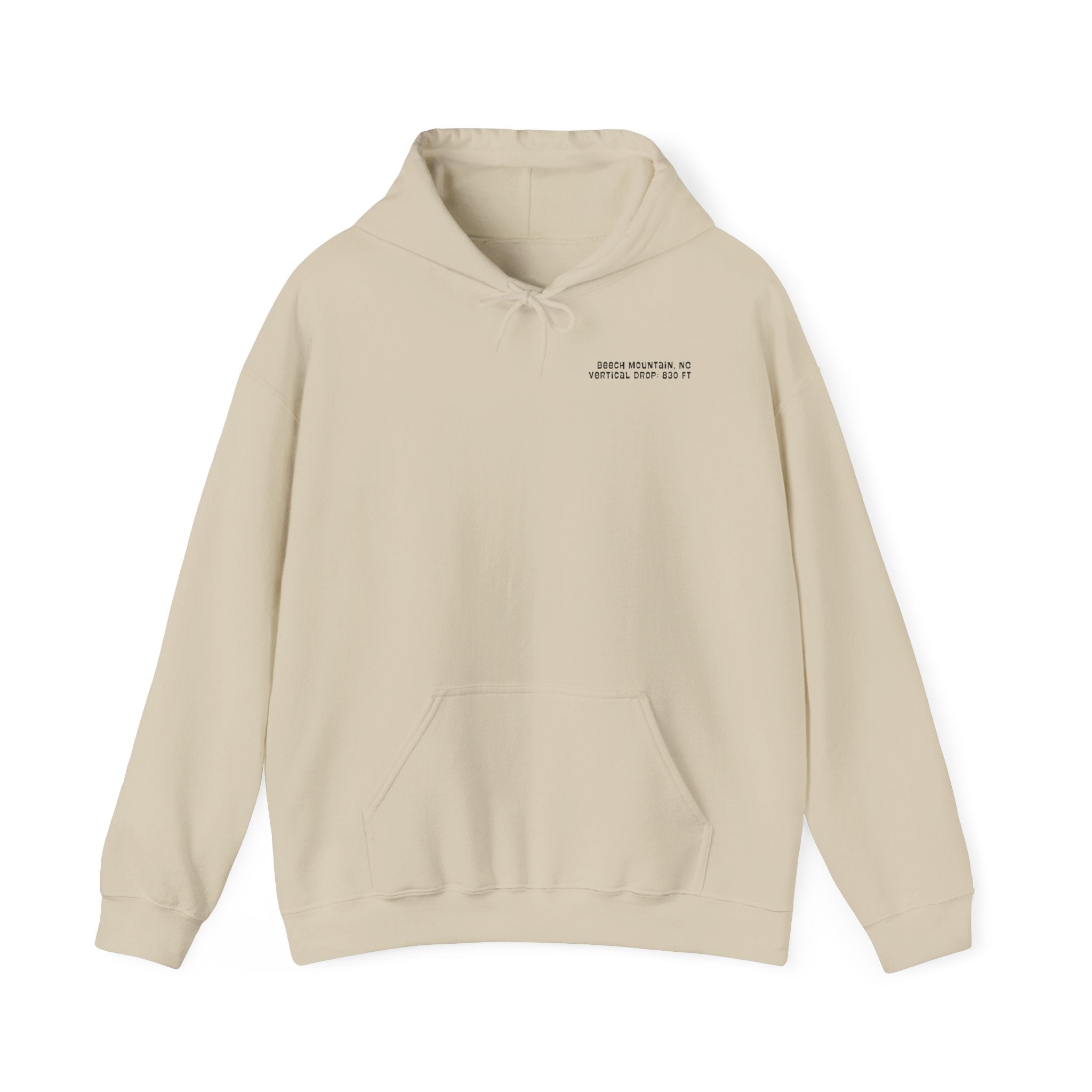 Beige hoodie with text on the chest "Beech Mountain, NC Vertical Drop 830 Ft"
