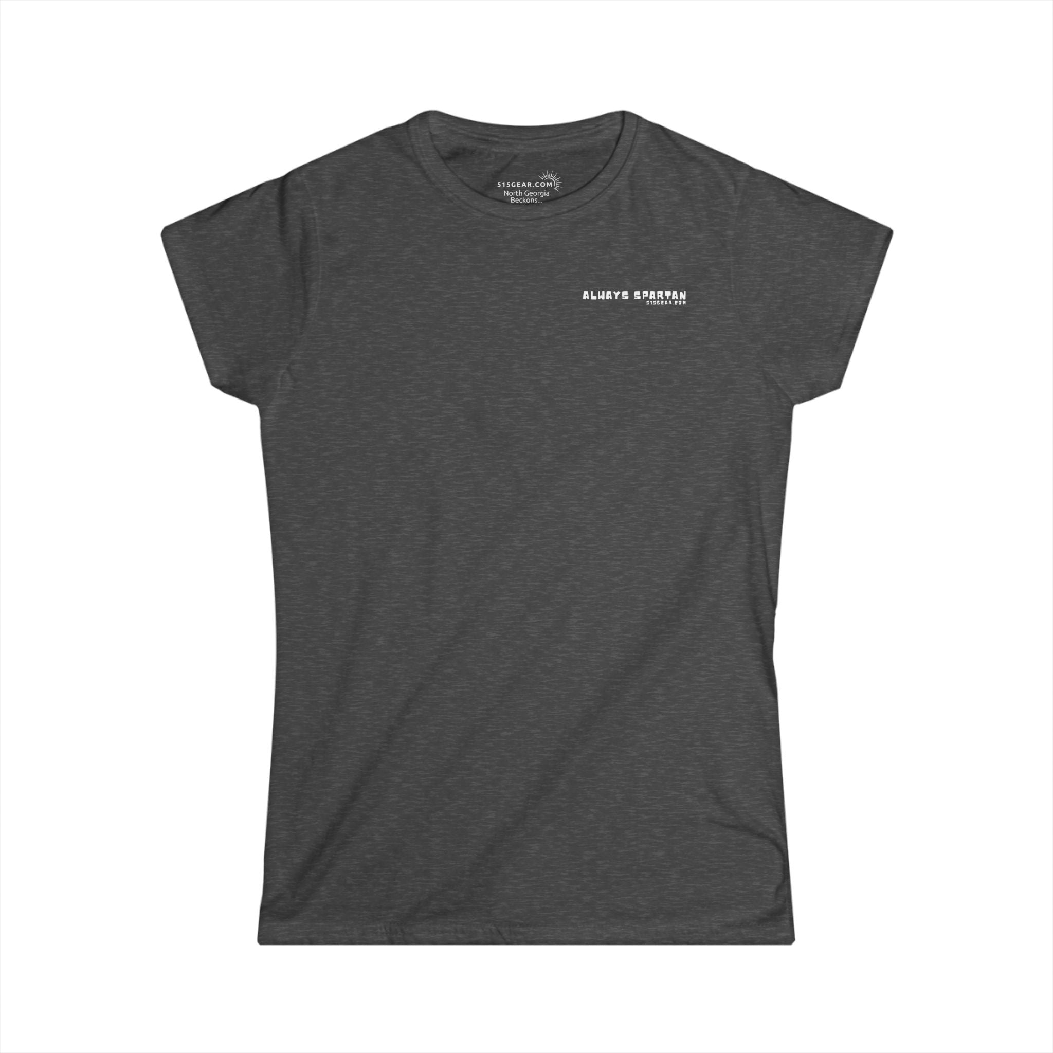 Dark gray t-shirt with a small white logo on a white background