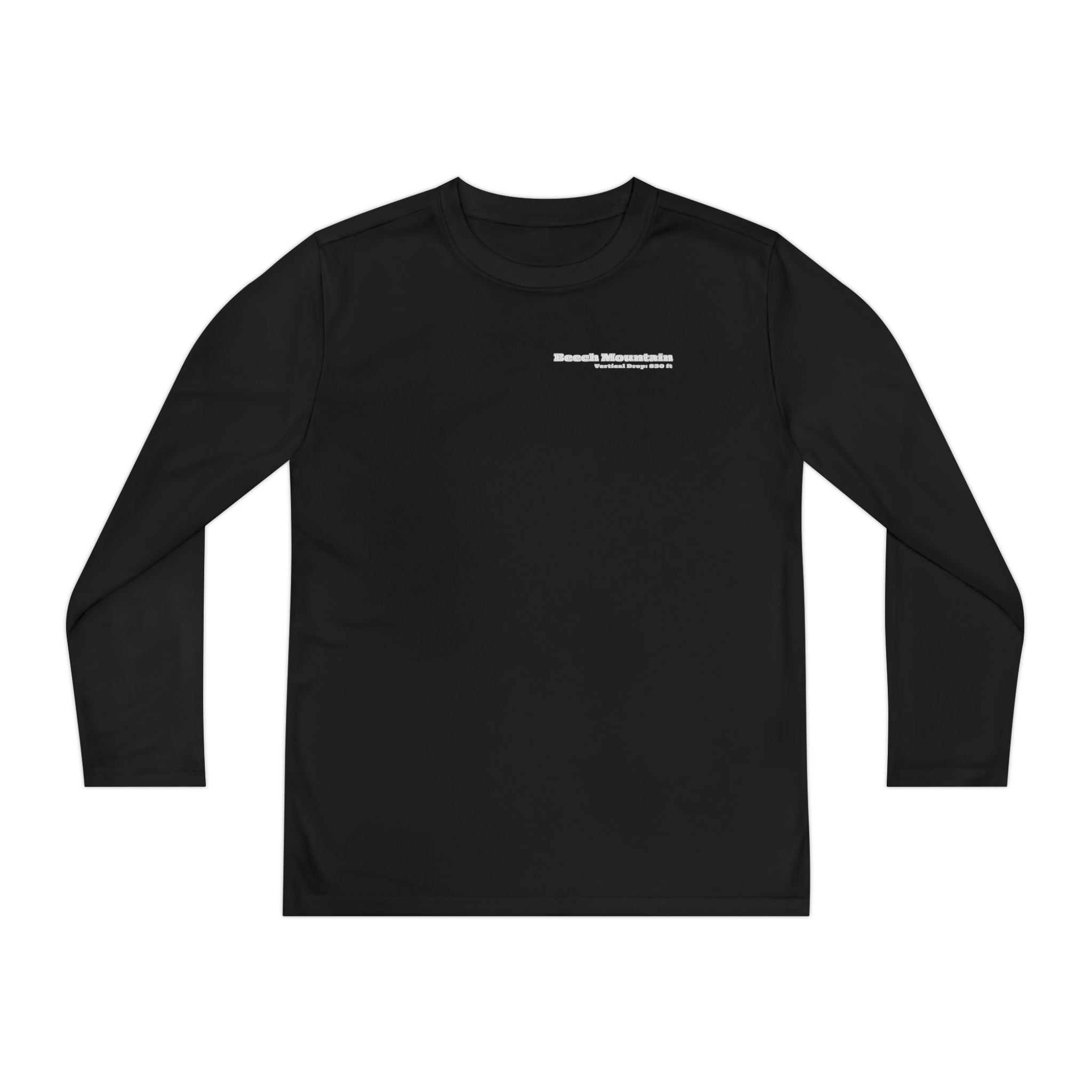 Black long-sleeve performance tee with text "Beech Mountain, Vertical Drop: 830 ft" on the front