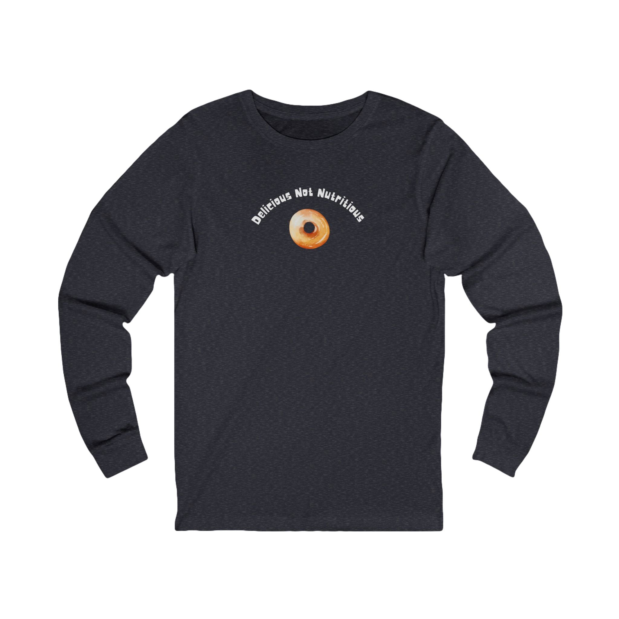 Black long-sleeve shirt with a donut graphic and text "Delicious Not Nutritious"