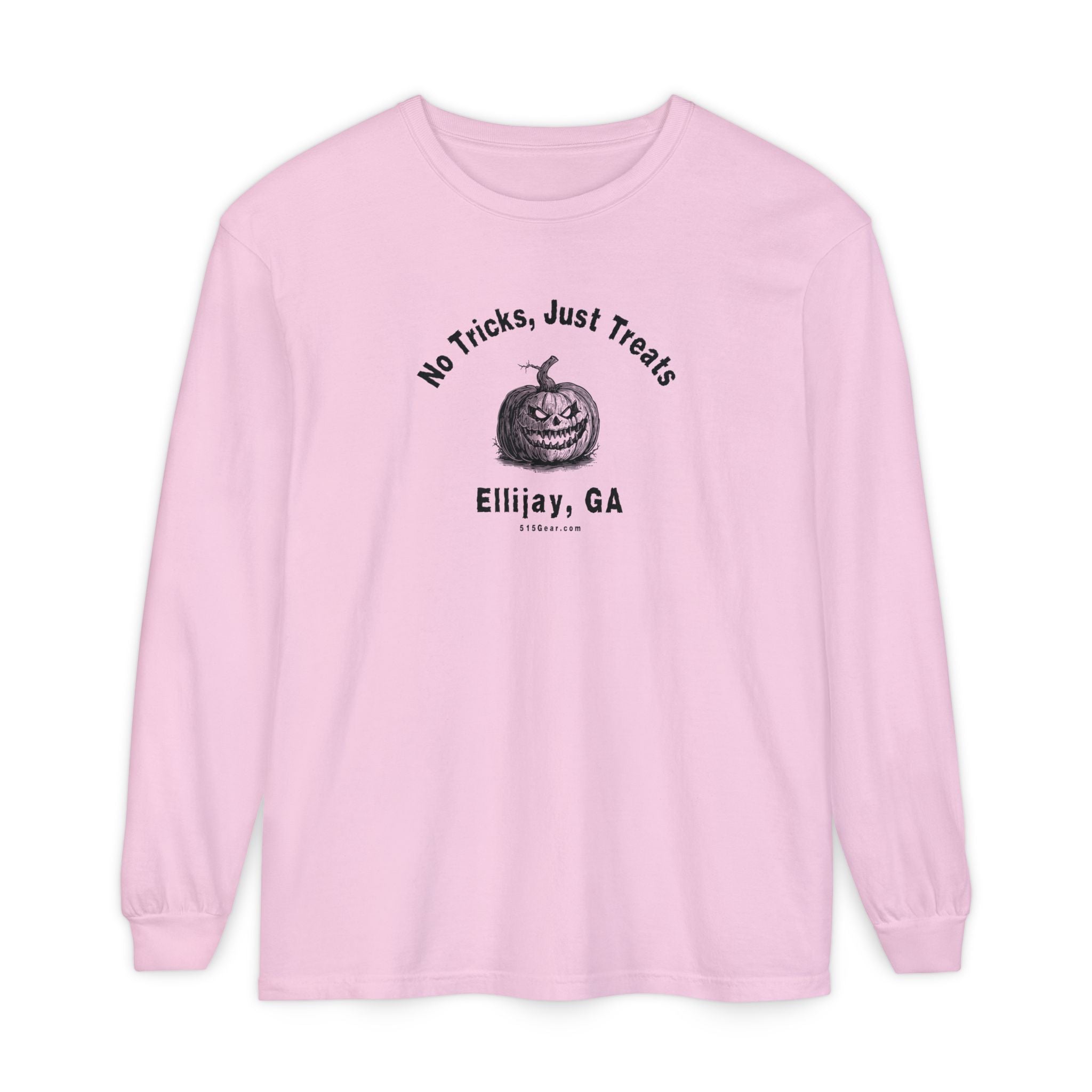 Pink unisex long sleeve T-shirt with jack-o-lantern graphic and text "No Tricks Just Treats - Ellijay GA" by 515Gear.com