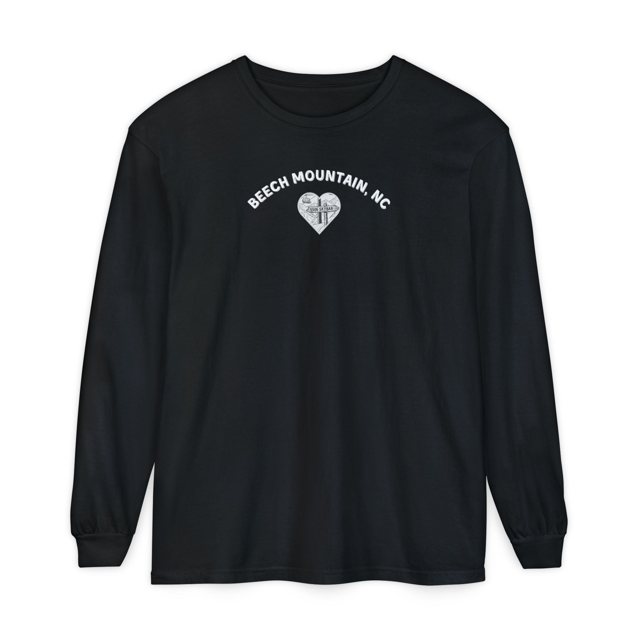 Black Comfort Colors® long-sleeve tee with a heart-shaped illustration of Beech Mountain’s slopes, chairlift, and sign pointing to 5506 Skybar