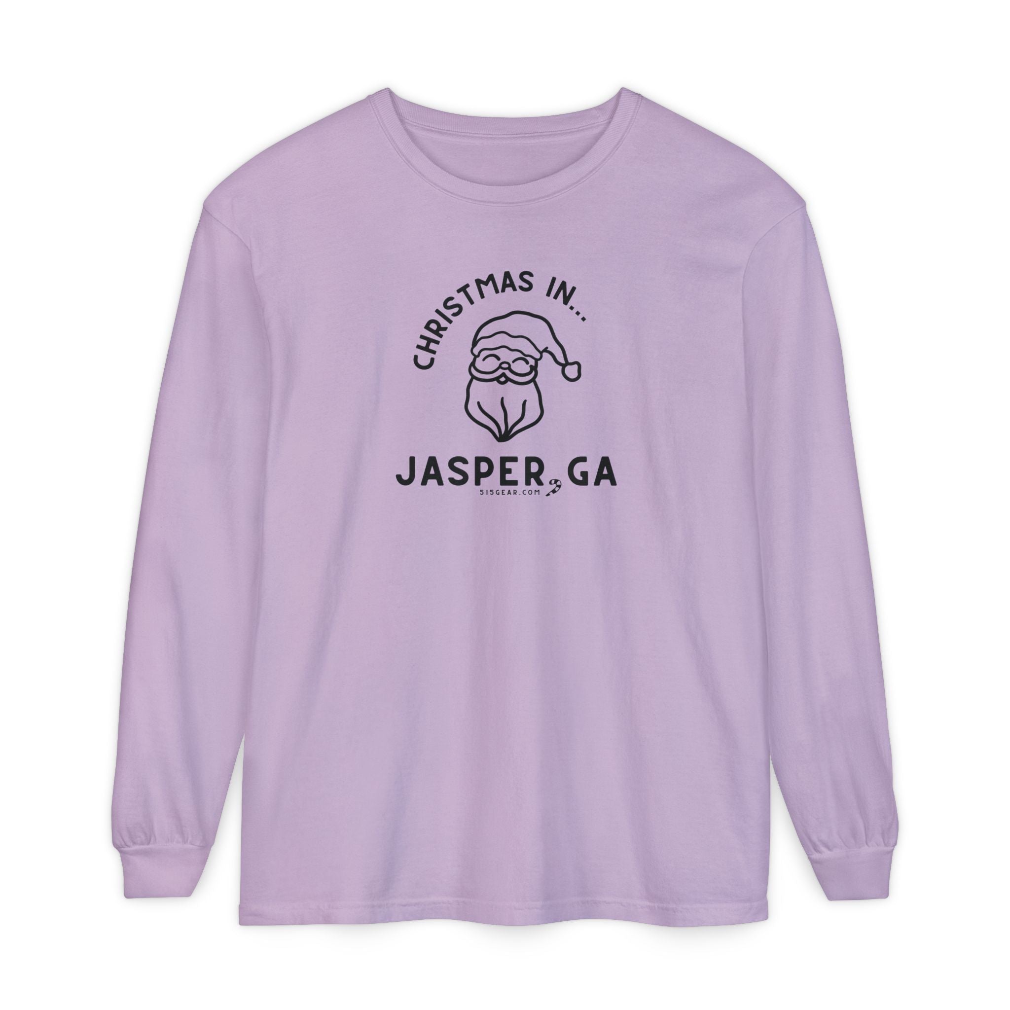 Light Purple Comfort Colors Long Sleeve Tee with red Santa Claus graphic and "Jasper, GA" text by 515Gear.com